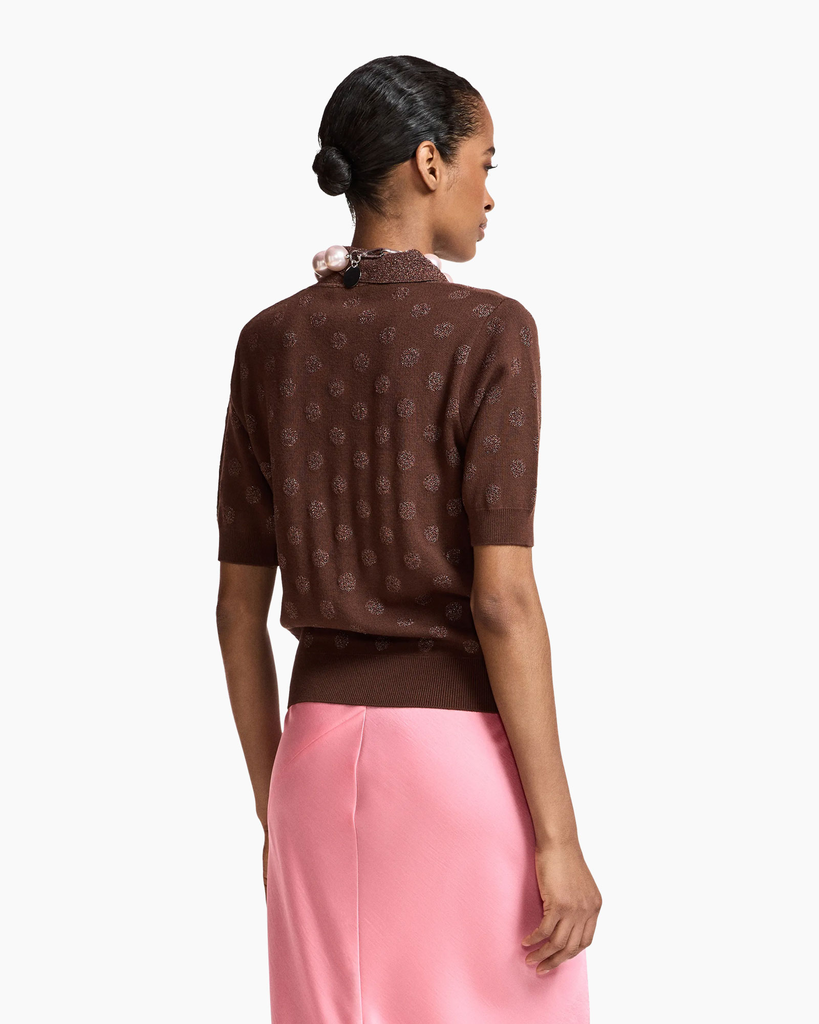 bruine trui, polkadot, halve mouw, brei, bruine top