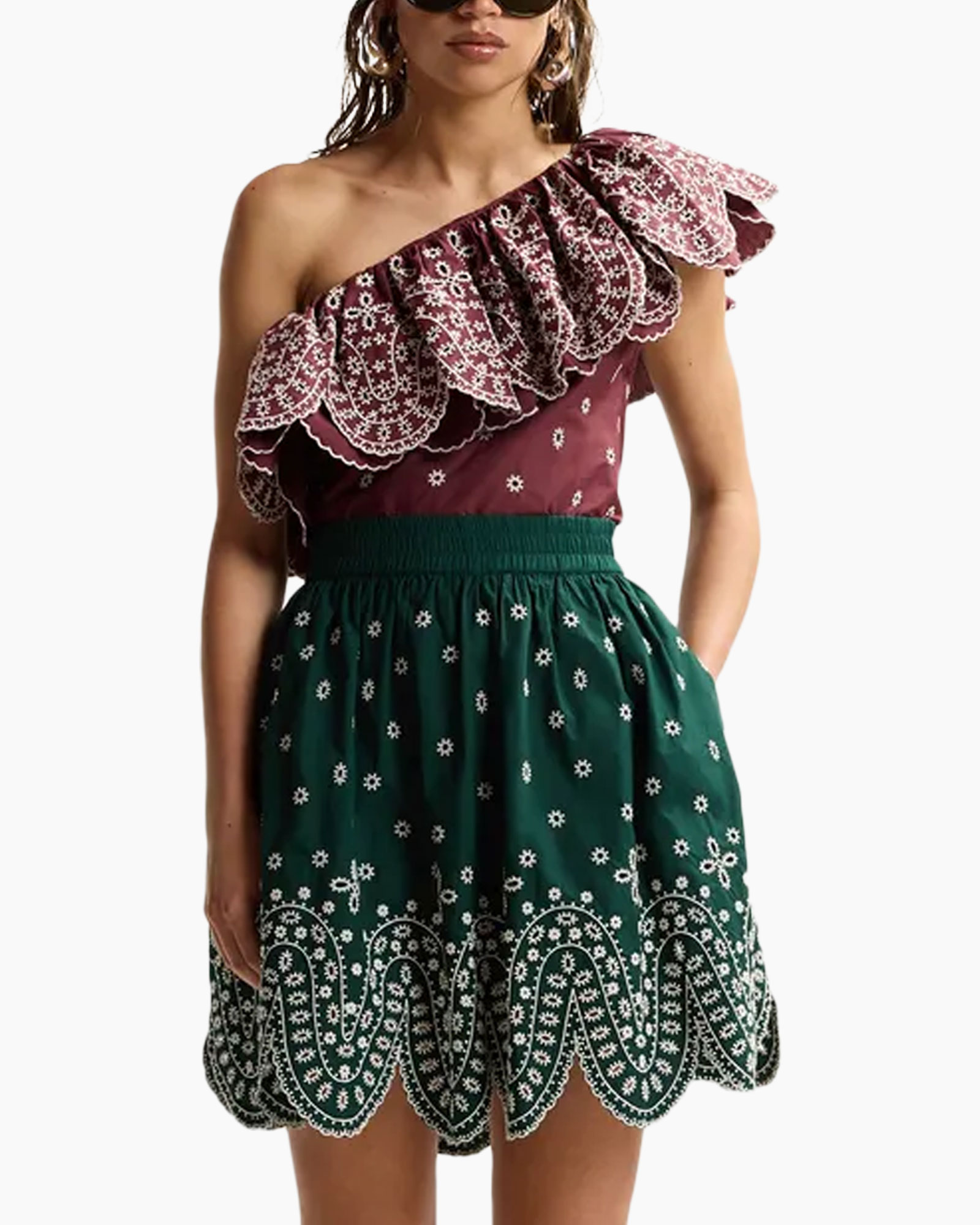 schoudervrij, rugvormige kraag/ruffles?, kanten?, tweedelig?, rok