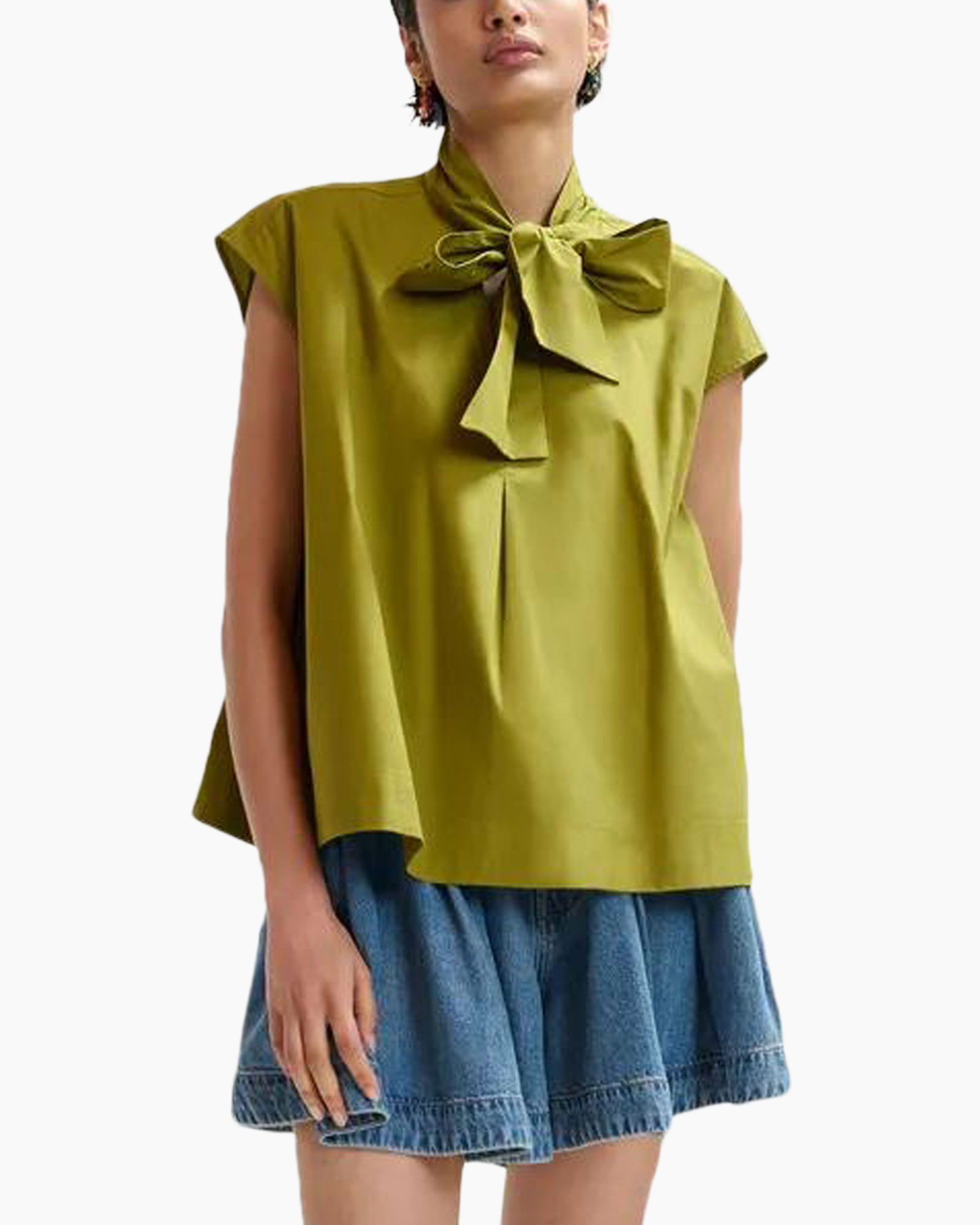 top, blouse, green, bow, short-sleeve