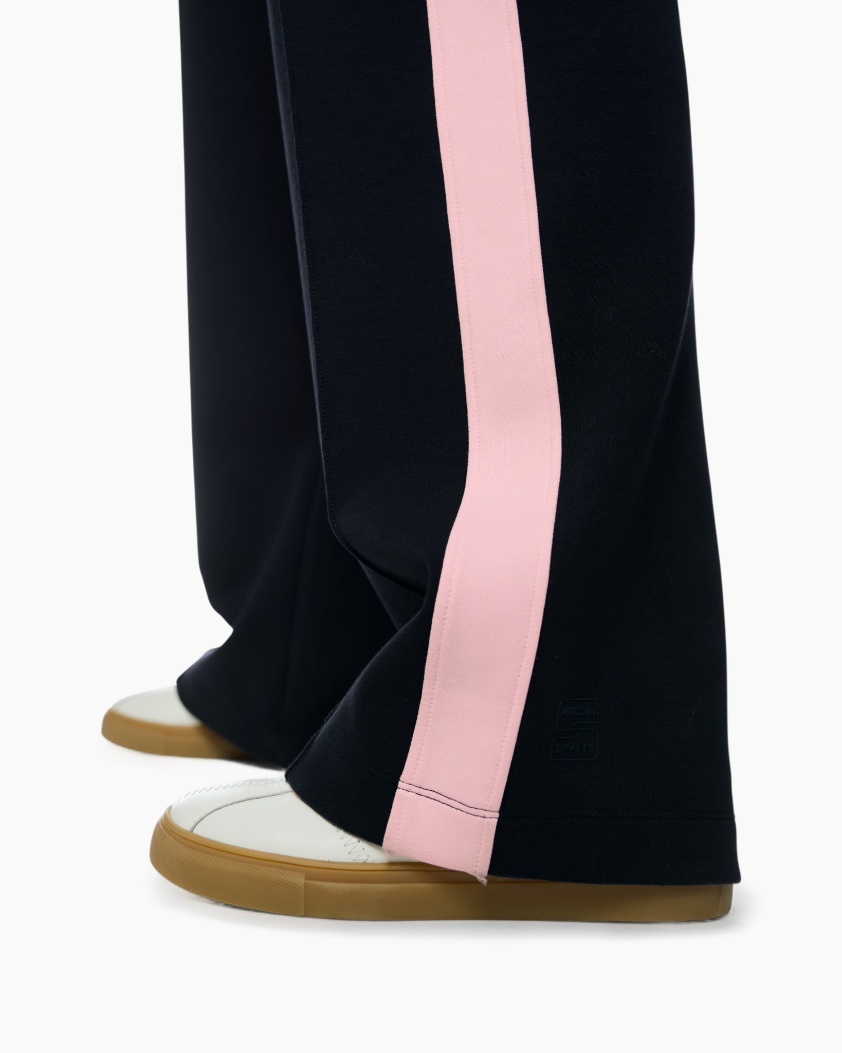 broeken, broek, roze strook, wijd uitgaand, gum