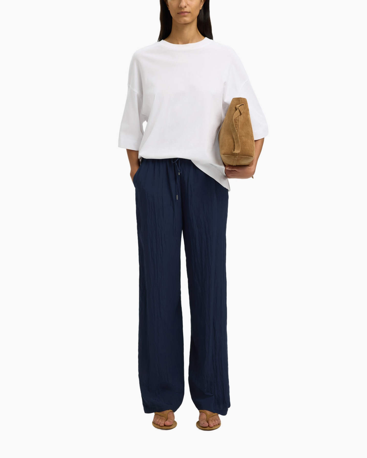 white T-shirt, loose fit, wide-leg pants, navy blue, sandals