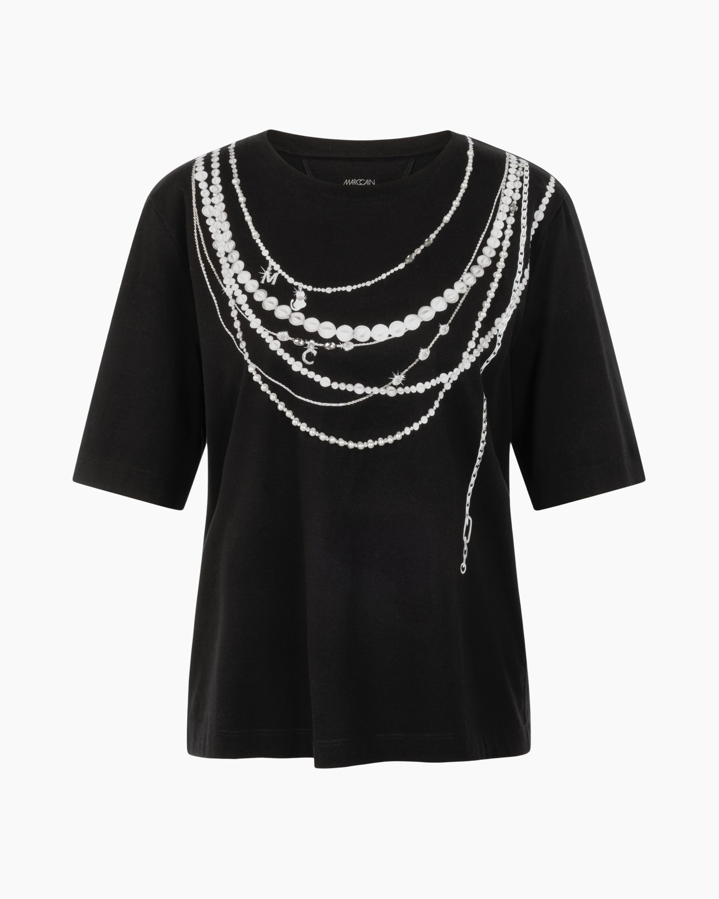 zwart shirt, parelsprint, grafische tshirt, korte mouw, kraagnode