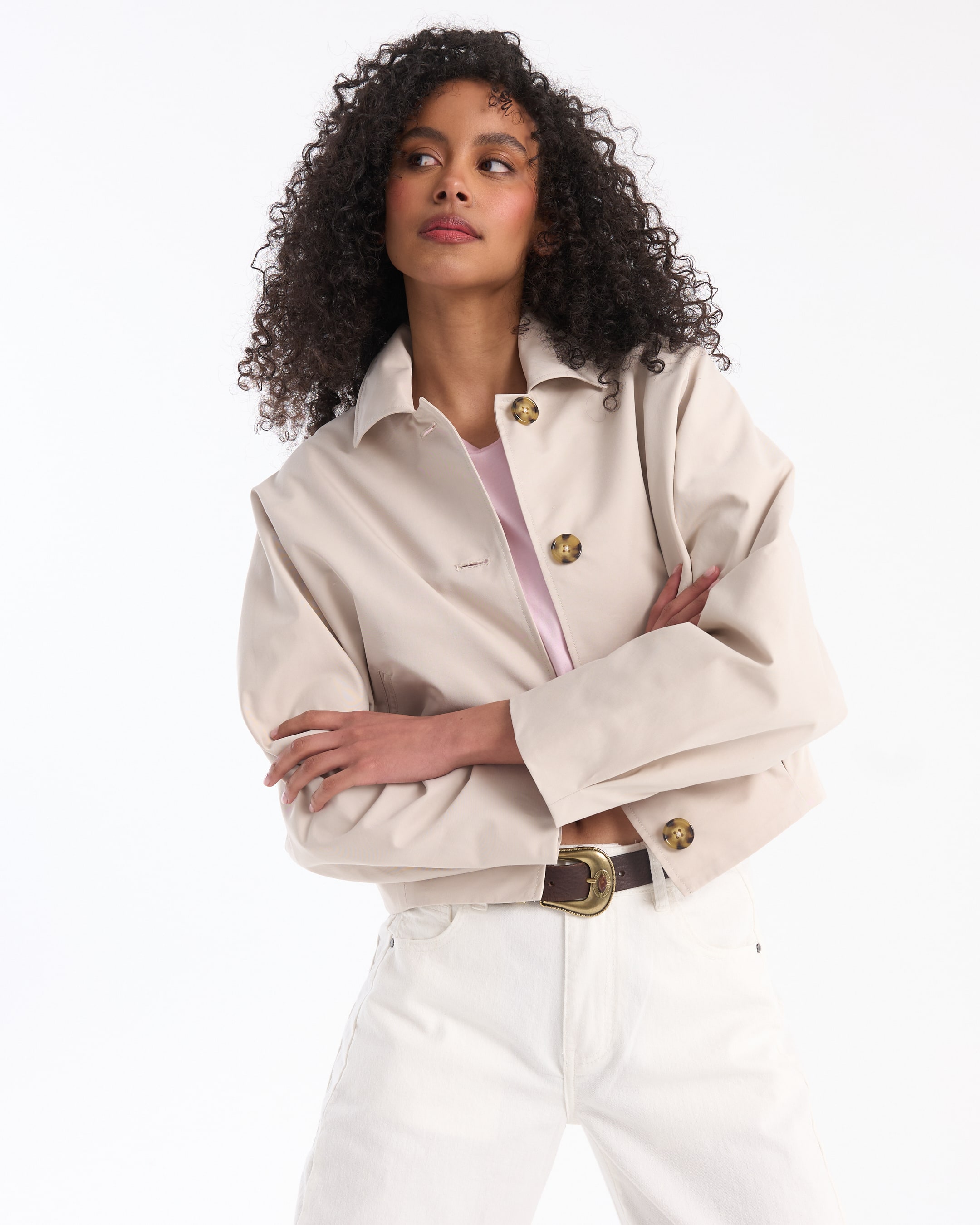 jacket, beige, long sleeves, button front, belt