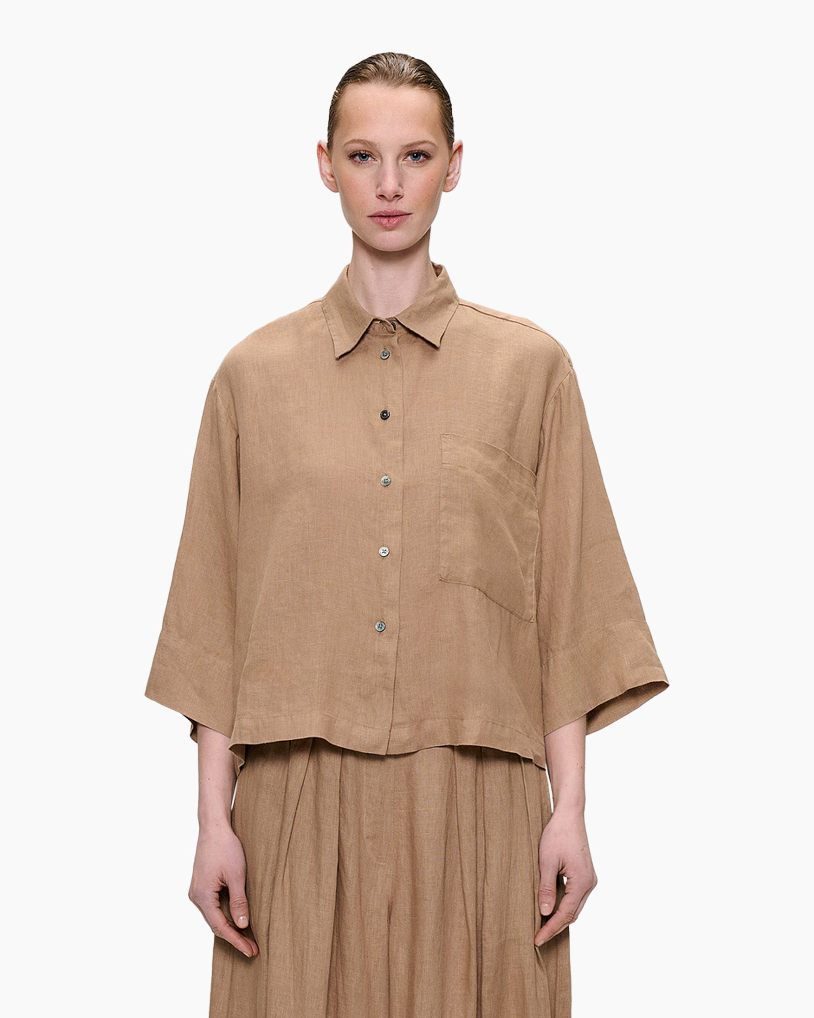 shirt, linen, beige, collared, short-sleeve