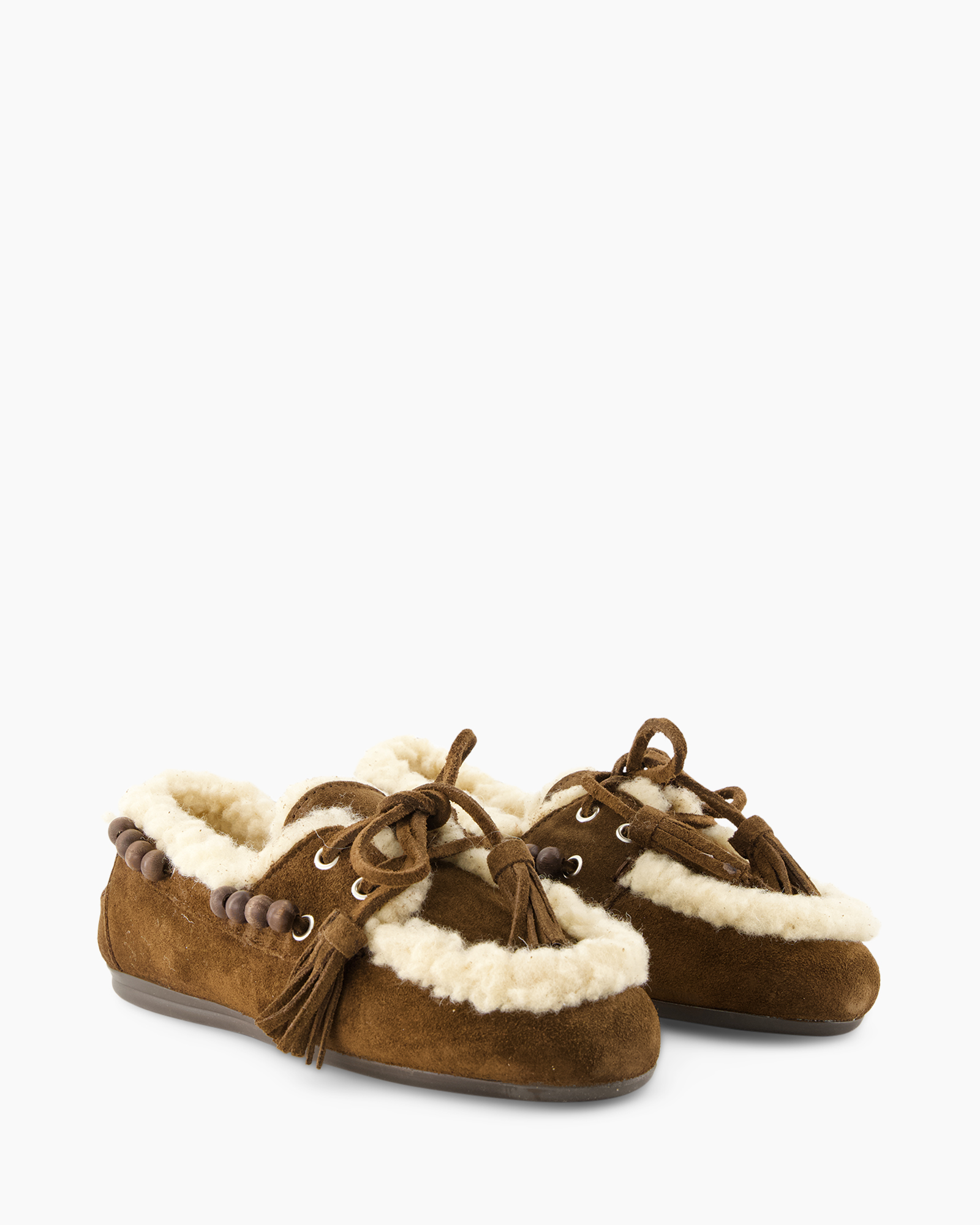 sloffen, moccasins, shearling, bruin, kralen