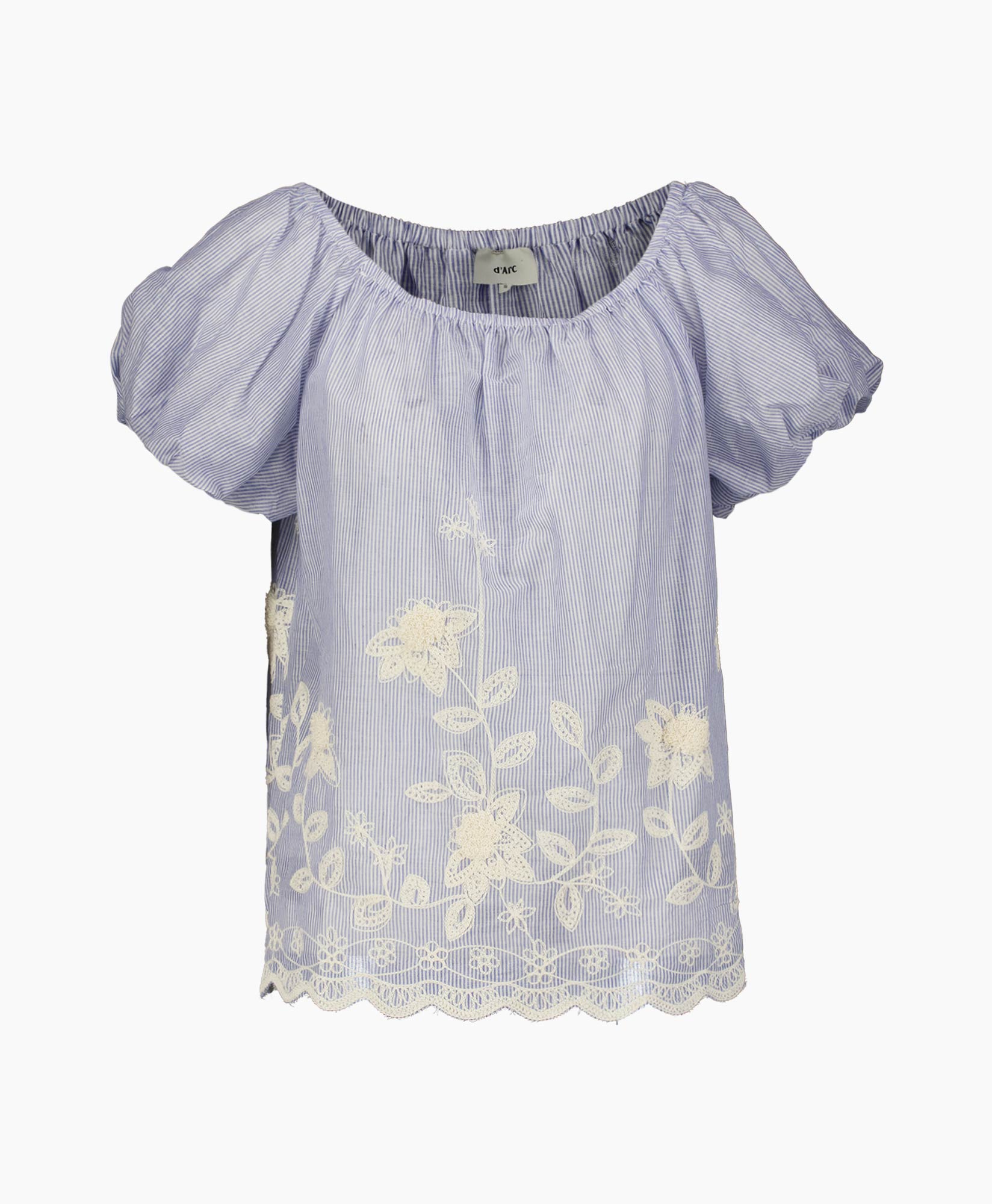 blouse, embroidered, puff sleeves, paars gestreept, kant zoomer hem