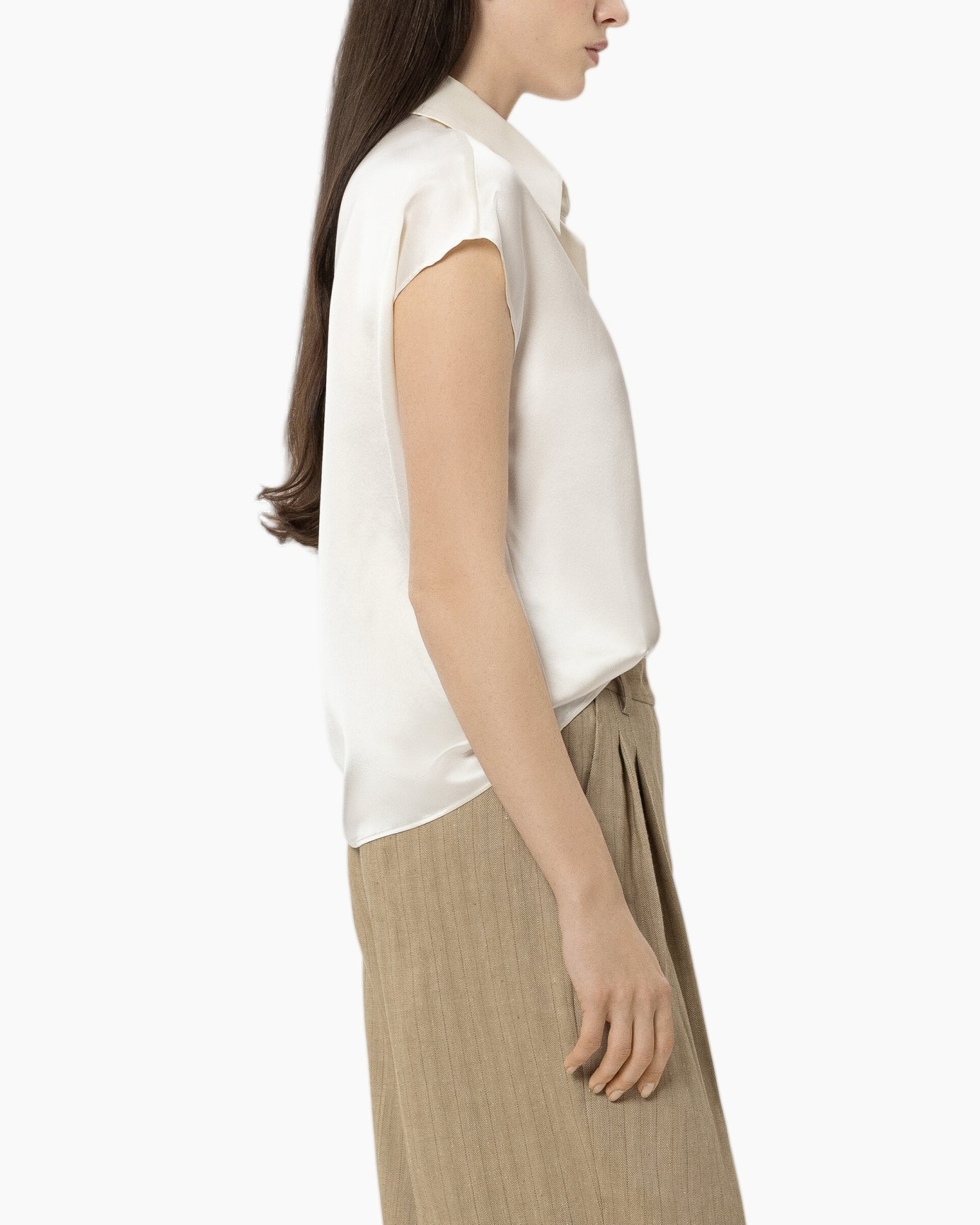 zijden blouse, korte mouw, kraag, wit, licht loszittend