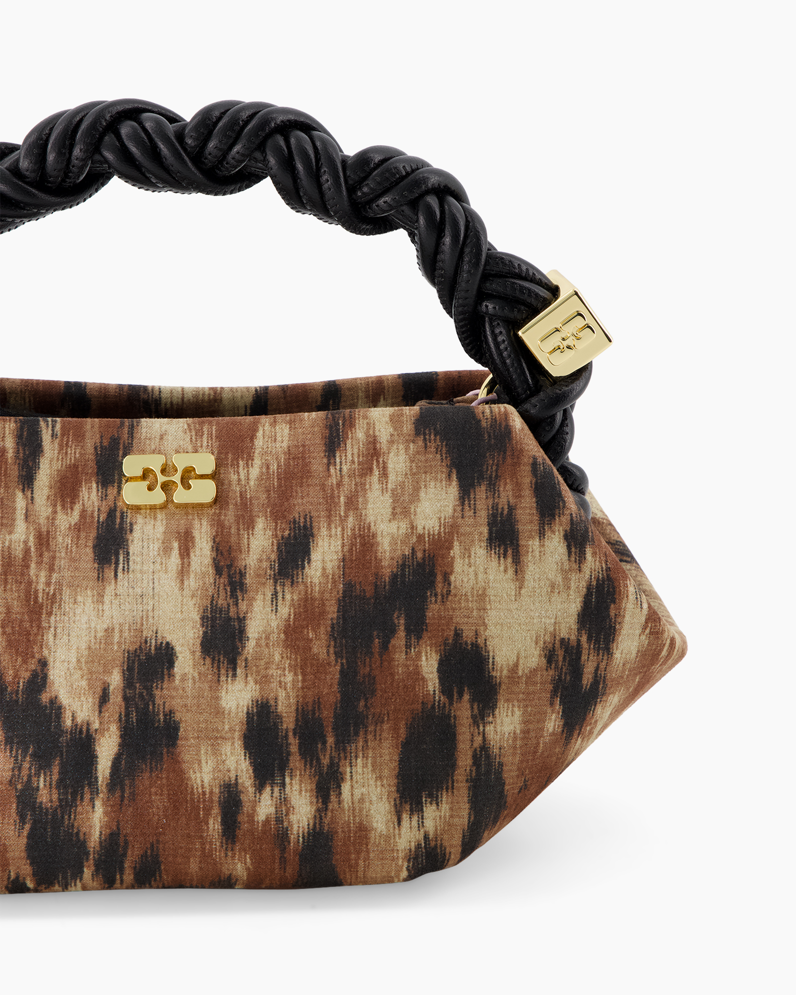 handtas, leenkatprint, tan bruin, gouden hardware, gevlochten hengsel