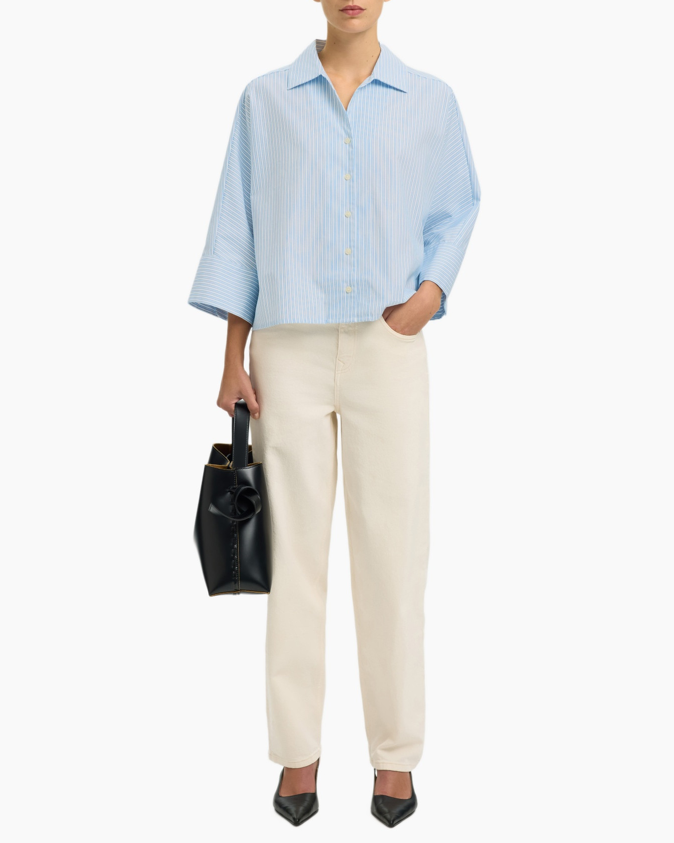 blaues streifenhemd, Knopfleiste, weiteärmel, Hemdkragen, hellblau