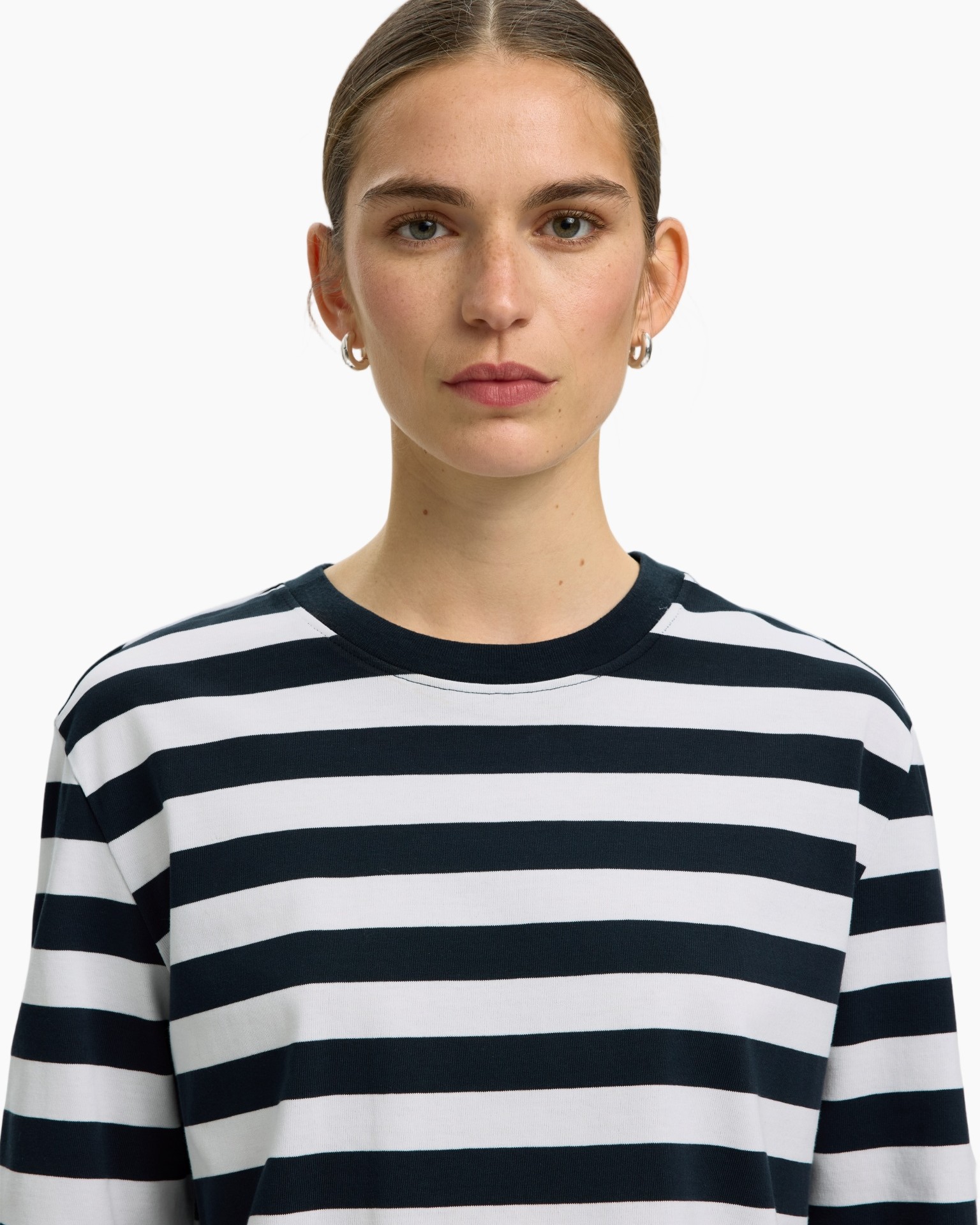 gestreepte shirt, lange mouwen, marineblauw wit, crewnek, katoen stof
