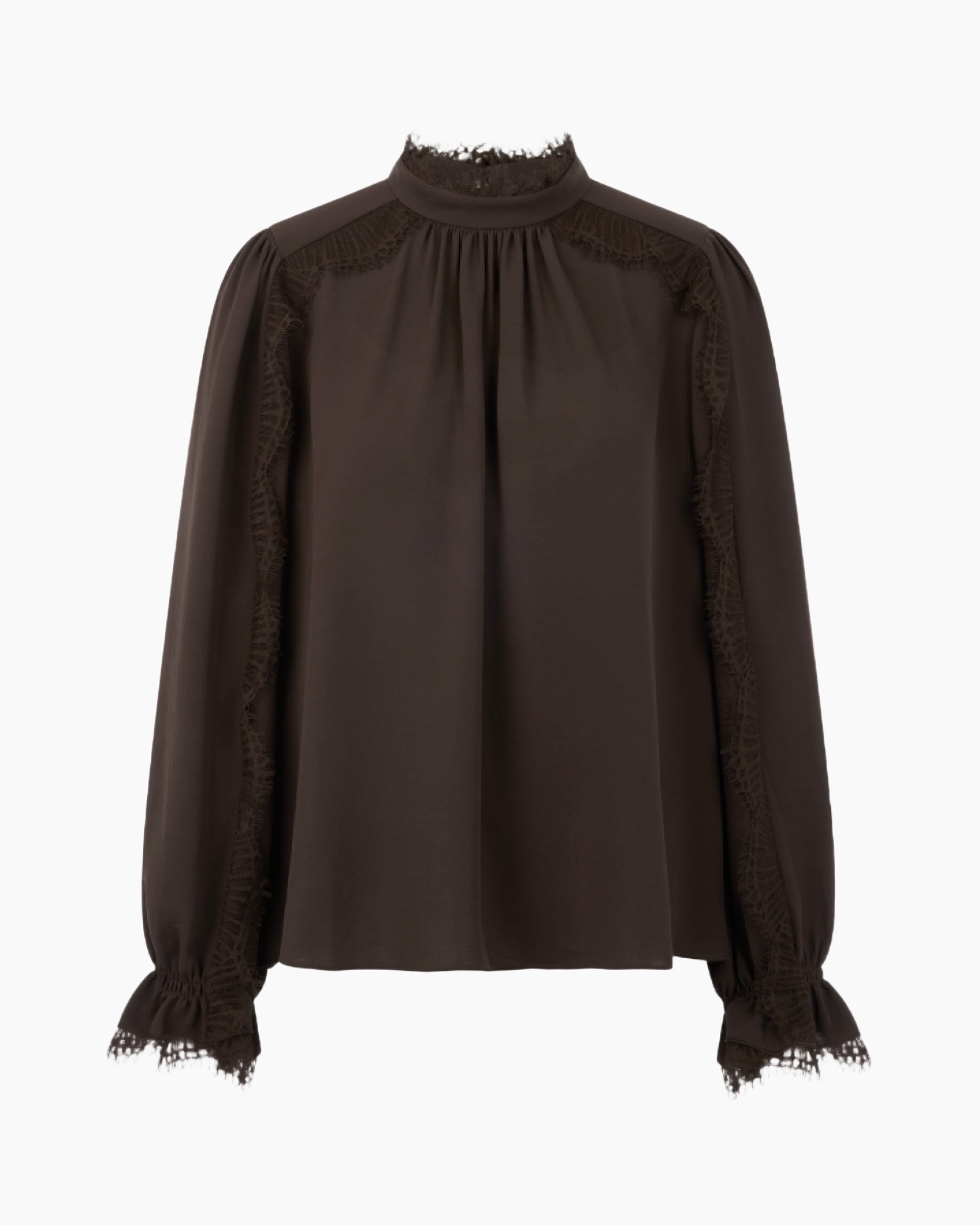 blouse, lange mouwen, bruin, kanten zoom, hoge hals