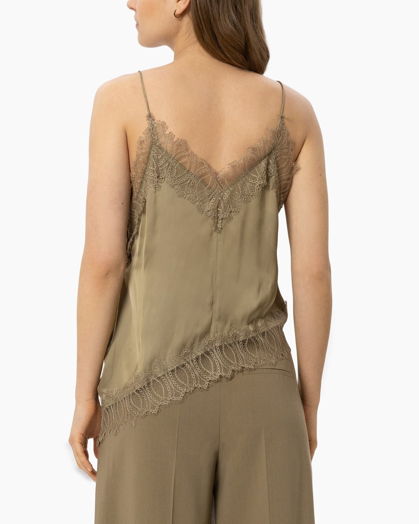renda rits, mouwloze top, spaghetti bandjes, satijn, laagjes top
