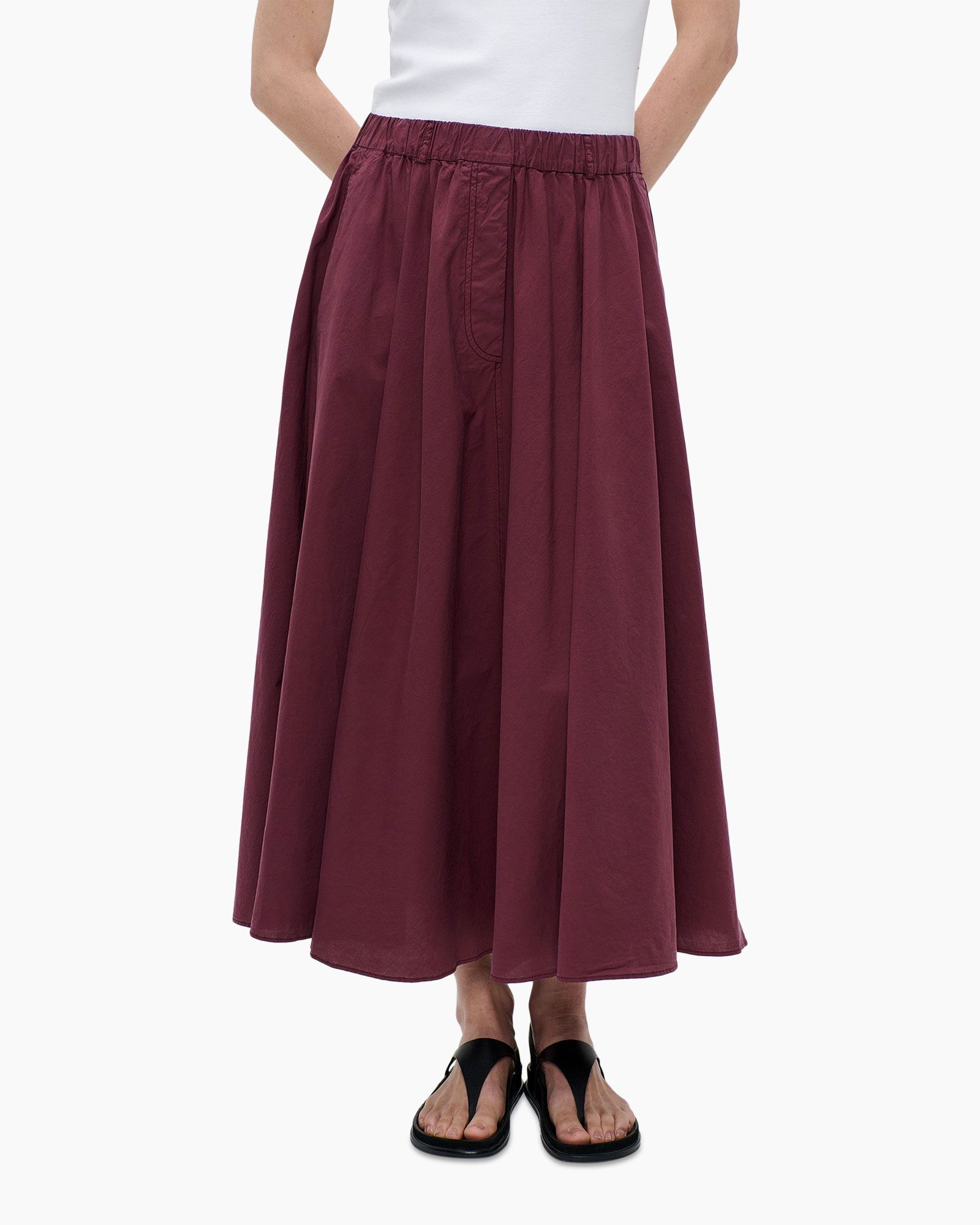 rok, maxi, burgundy, elastische taille, geplooid