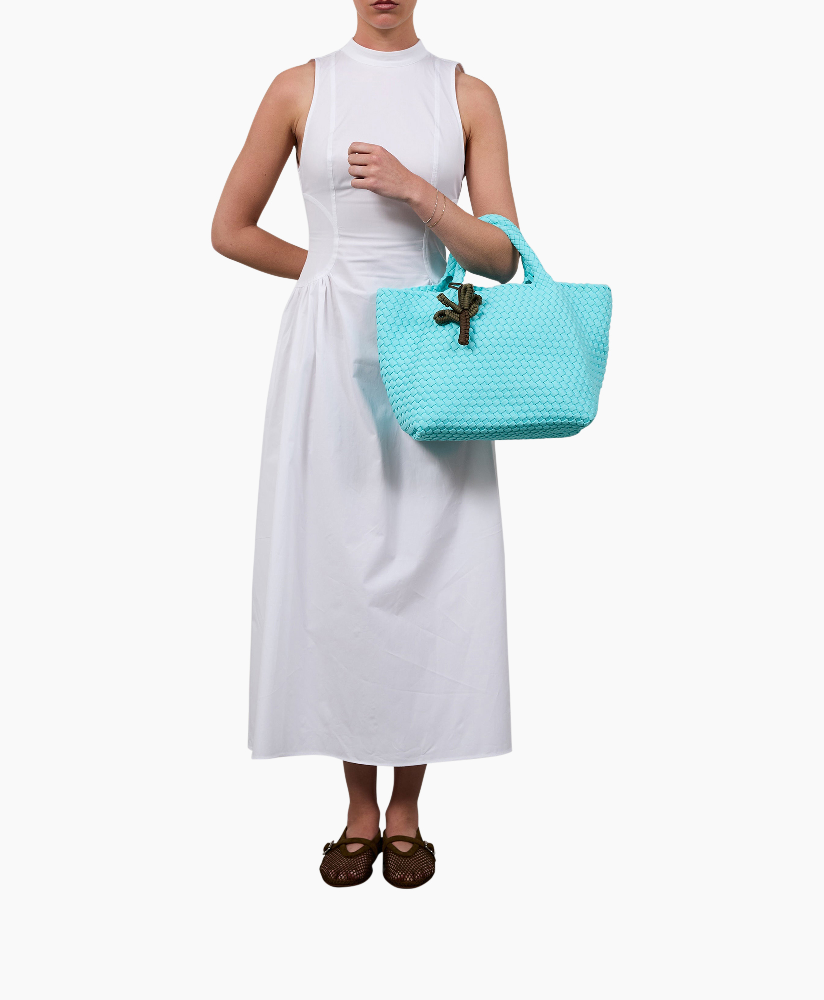 white dress, sleeveless, long dress, turquoise bag, handbag