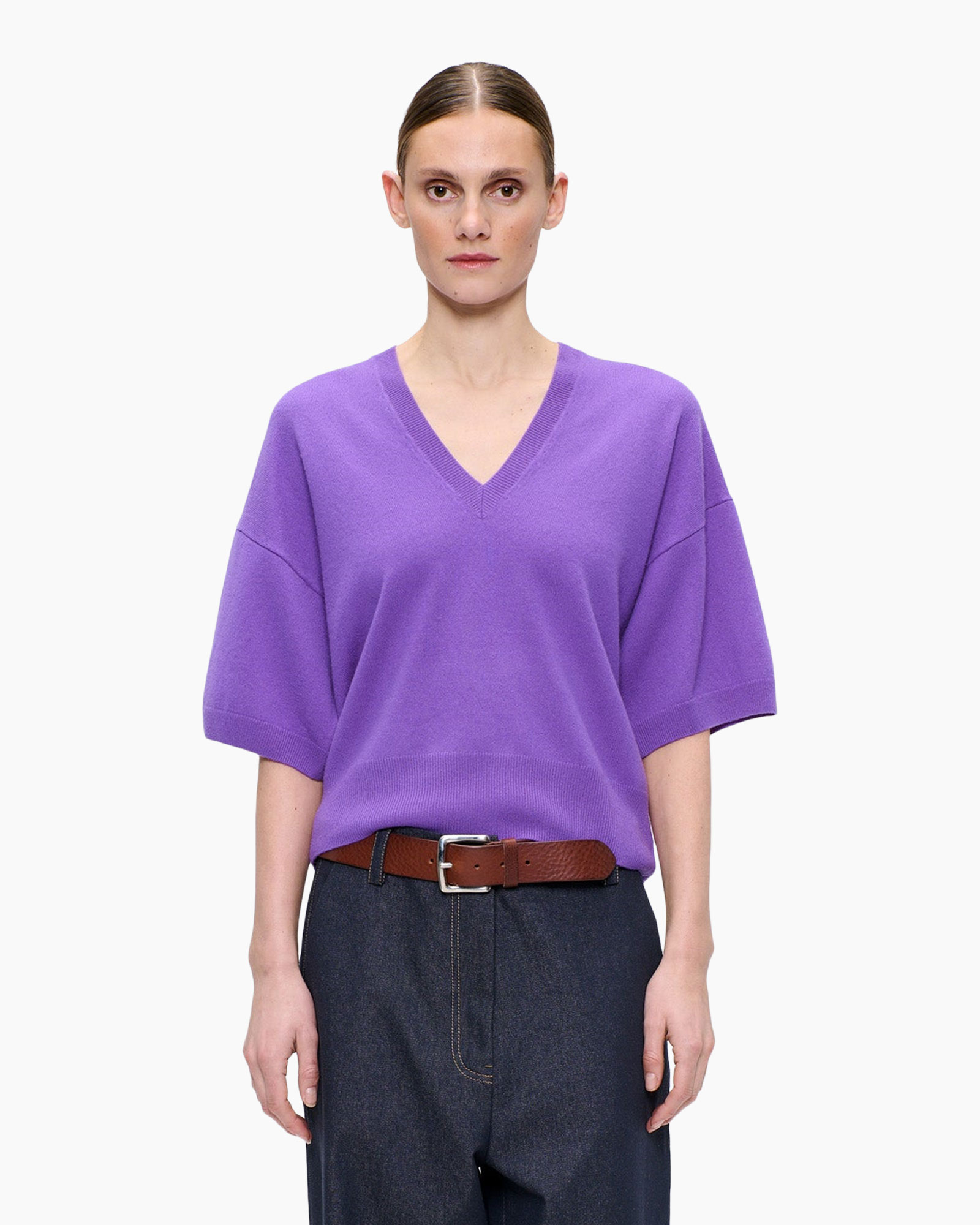 paarse trui, V-hals, oversized, korte mouwen, gebreide top