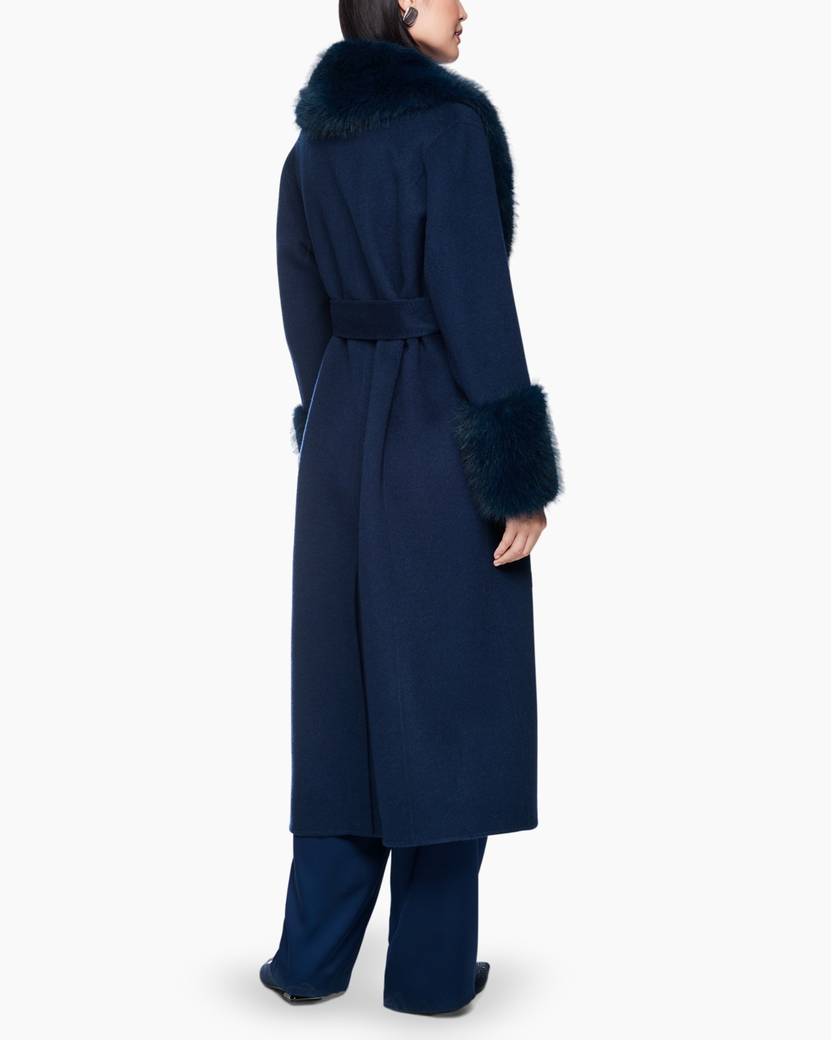 jas, bontmente kraag, riem, lang, navy