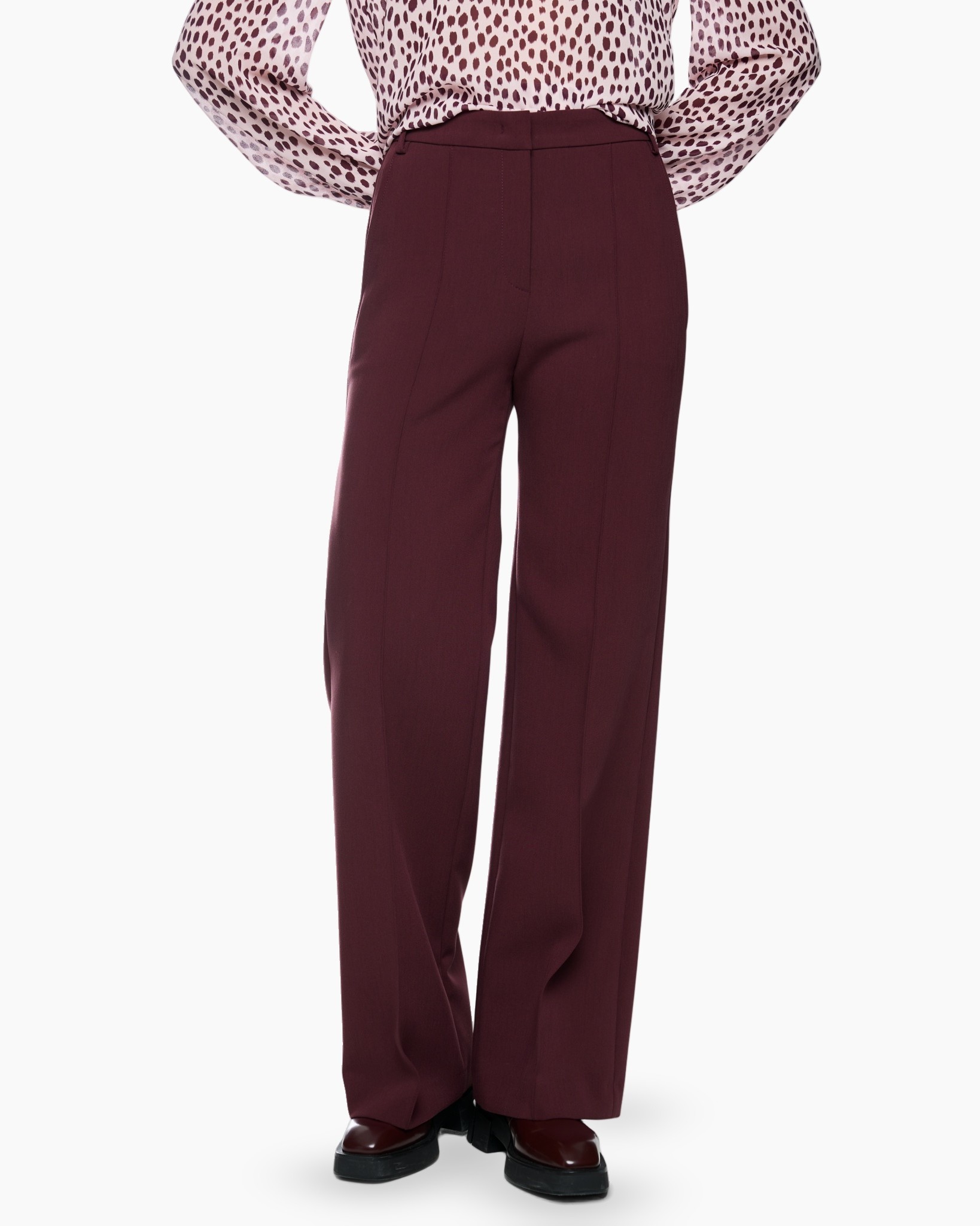 wijdte broek, bordeaux, hoog taille, pantalon, plooien