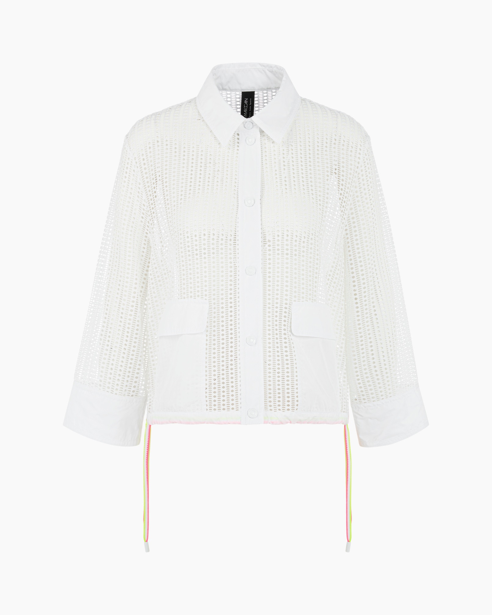 witte cardigan, gaas gebreid, knopsluiting, kraag, zakken, neon bies