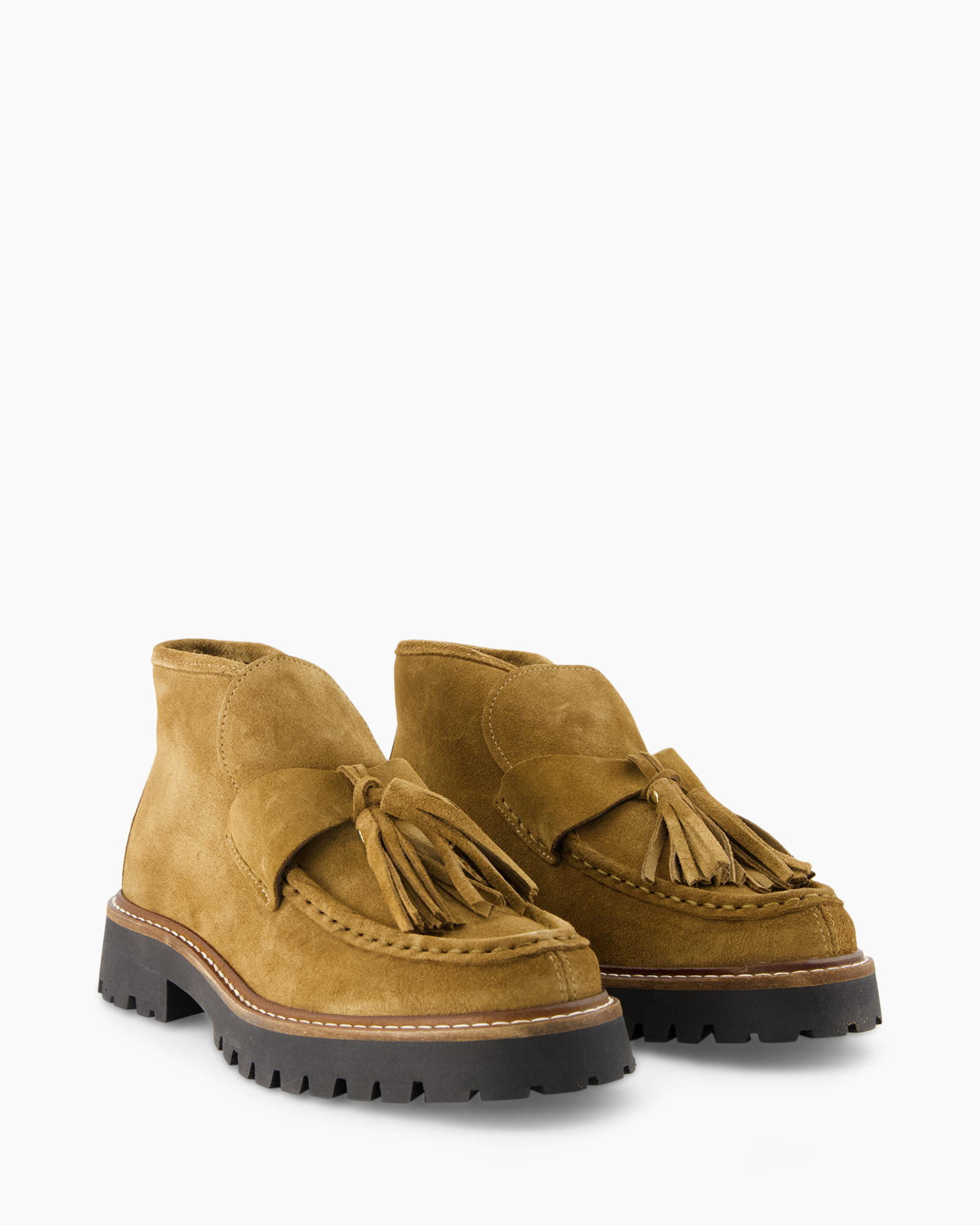 enkellaarsjes, tossel, mocassin, suede, tan