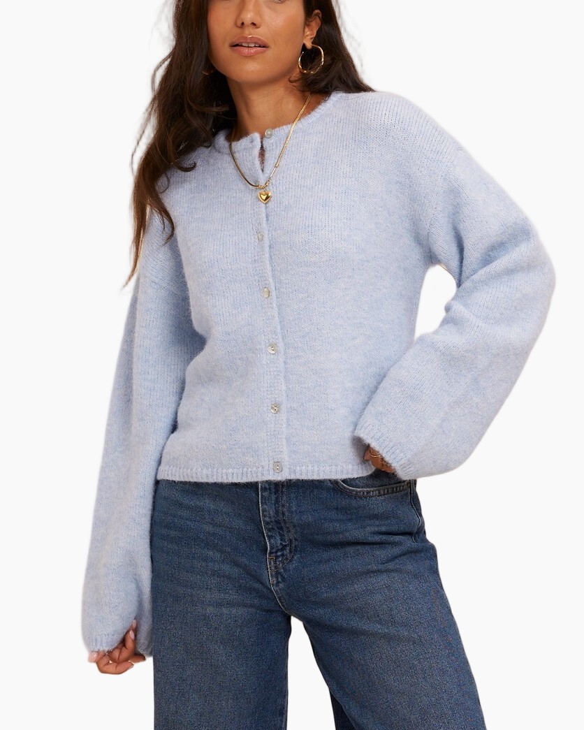 cardigan, gebreide kleding, lichtblauw, knopen, lange mouwen