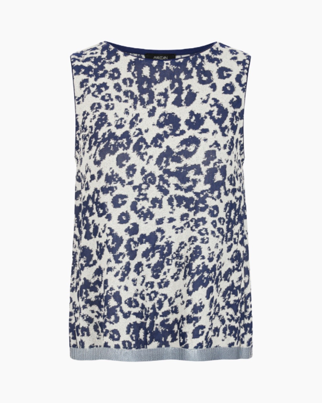 leeuwpatroon, mouwloos bovenstuk, brei, blauw wit, casual top