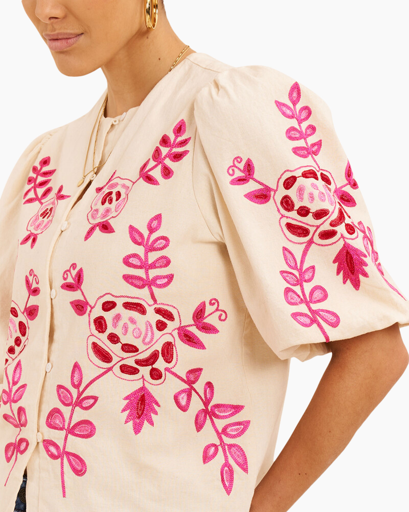 borduursel, roze, bloemen, pochador blouse, beige