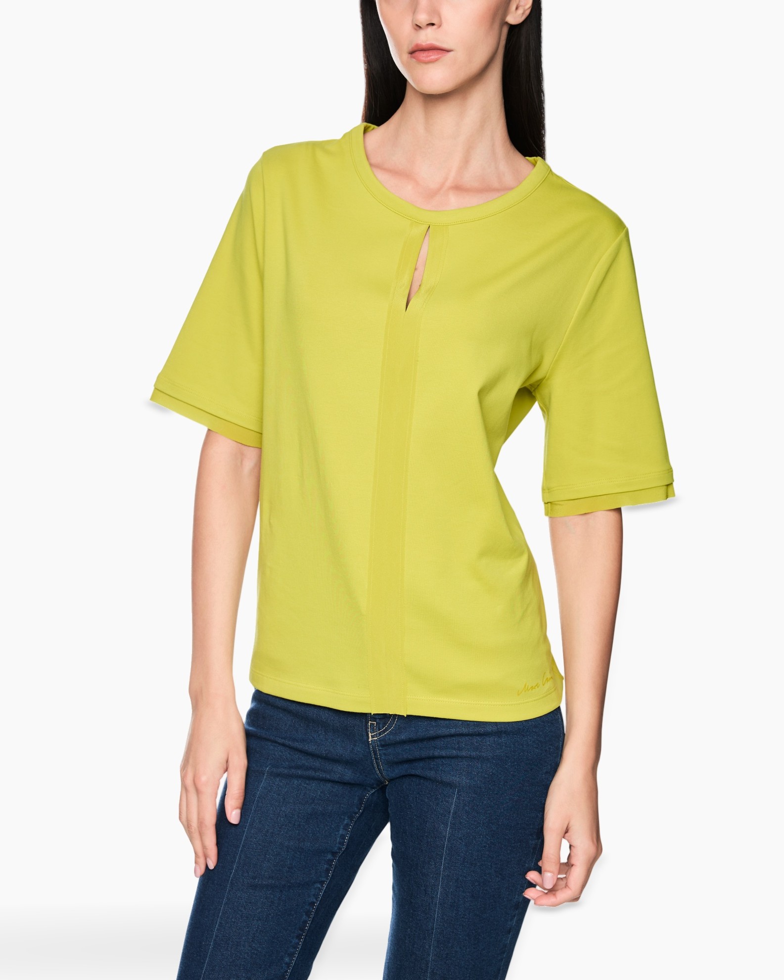blouse, korte mouw, limegroen, plooidetail, ronde hals