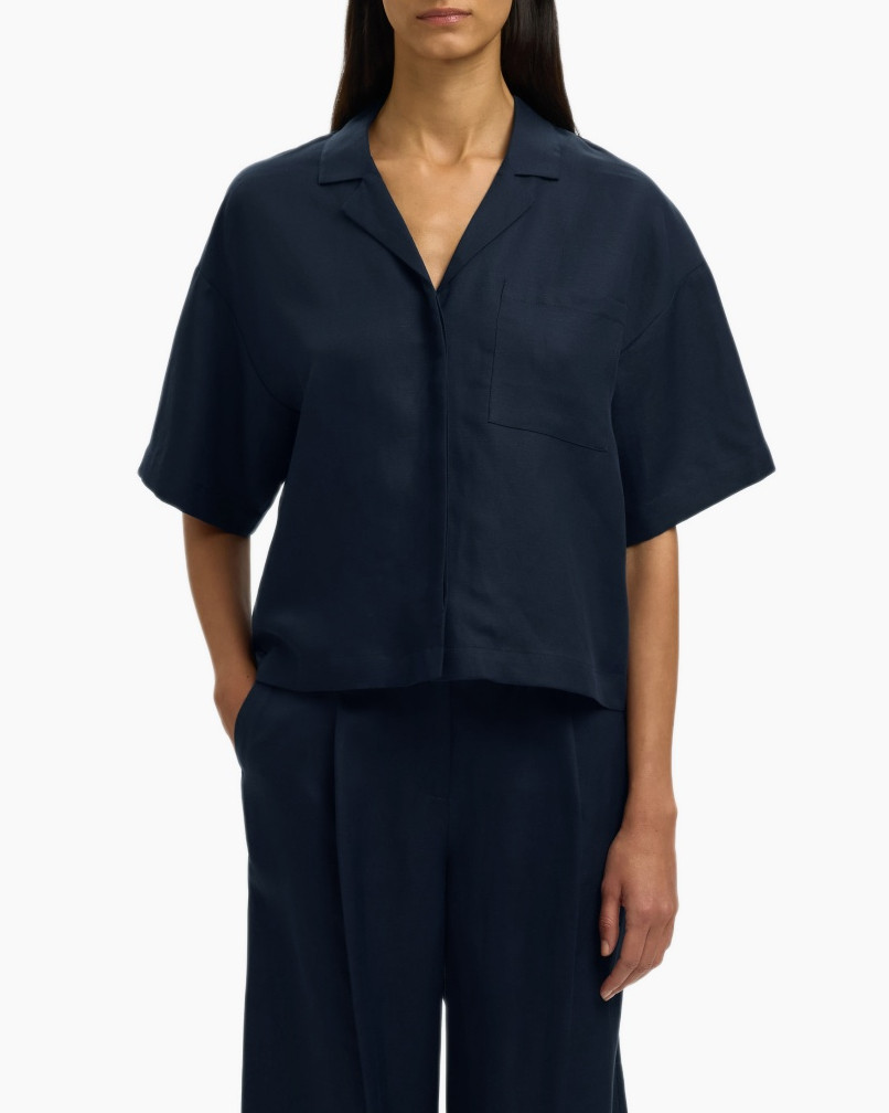 marineblauw, korte mouw shirt, kraag, zak, top