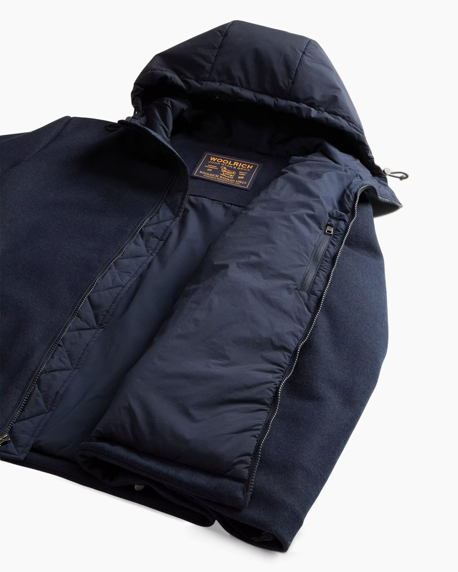 jas met capuchon, marineblauw, wolmix, gewatteerde voering, ritszakken
