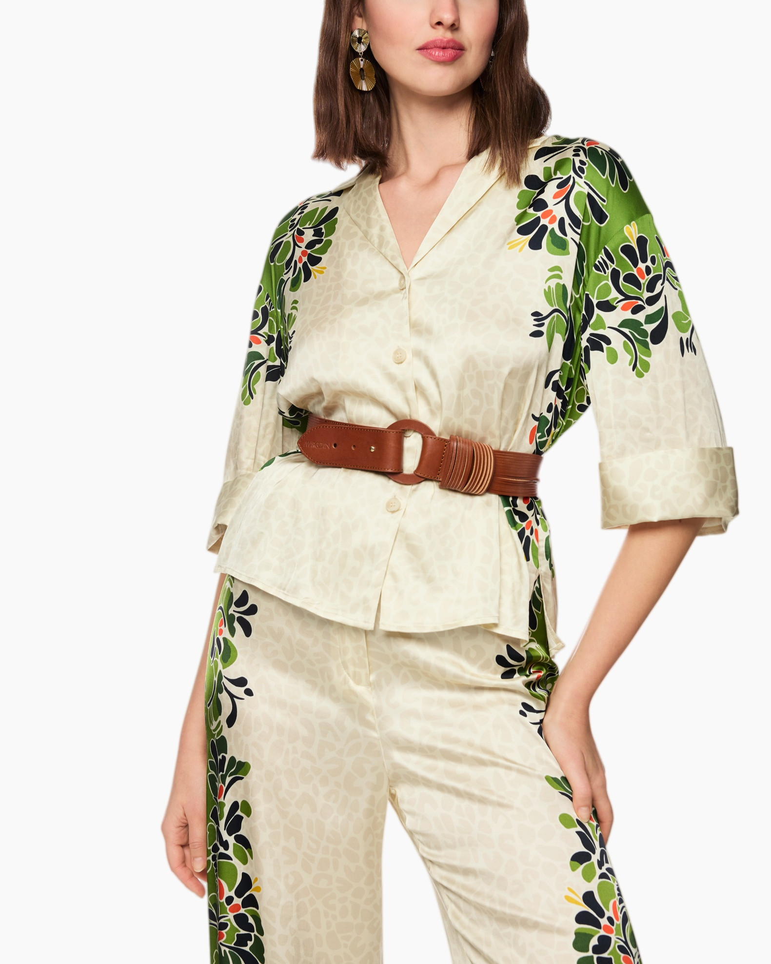 silk blouse, button-up, leopard print, embellished belt, wide-leg pants