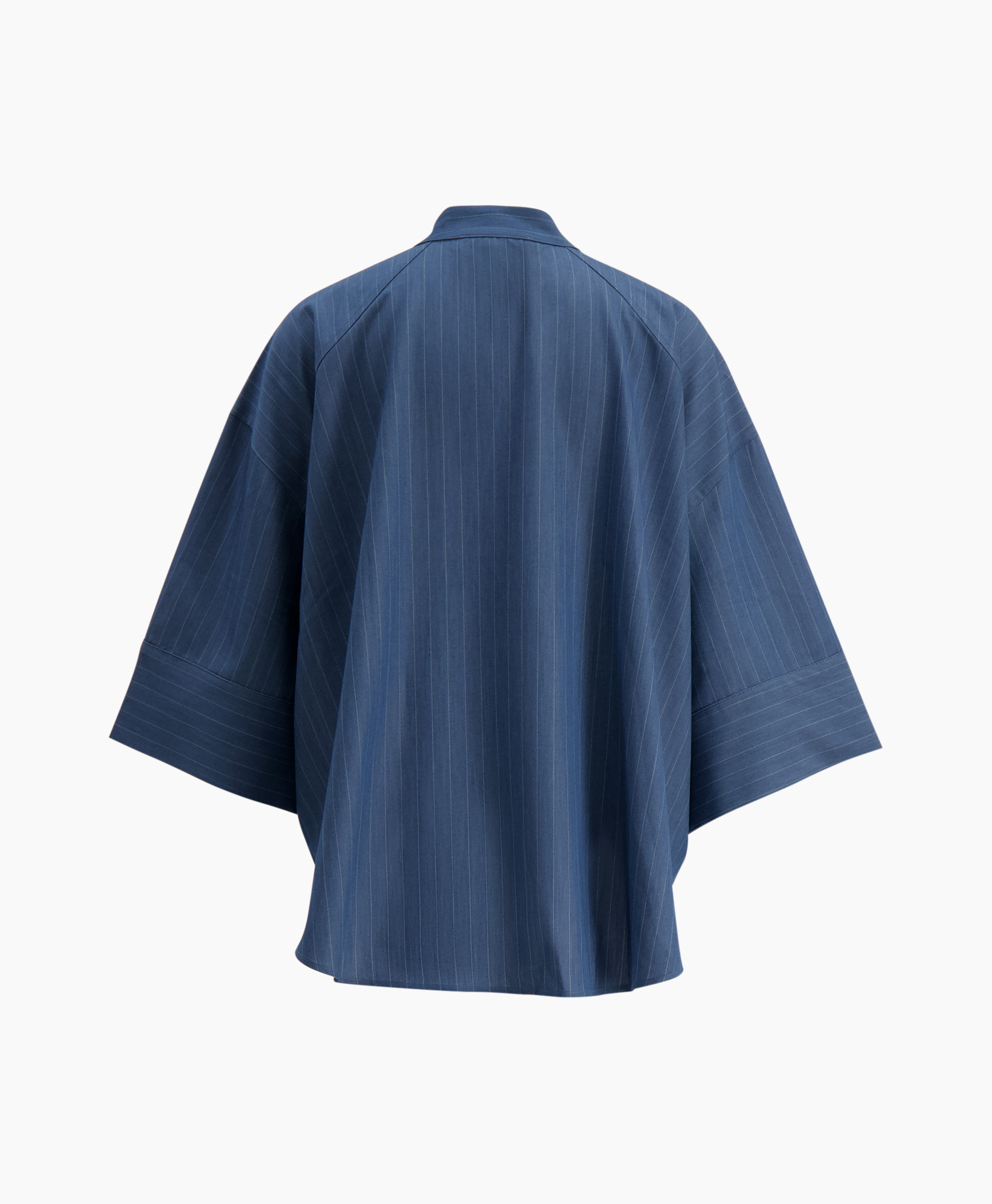 blue shirt, pinstripe, button-down, linen?, loose fit