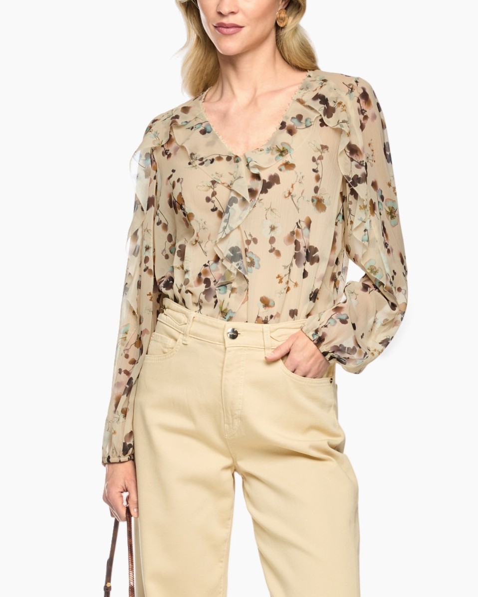 blouse, bloes, floral, doorschijnend, lange mouw, frill