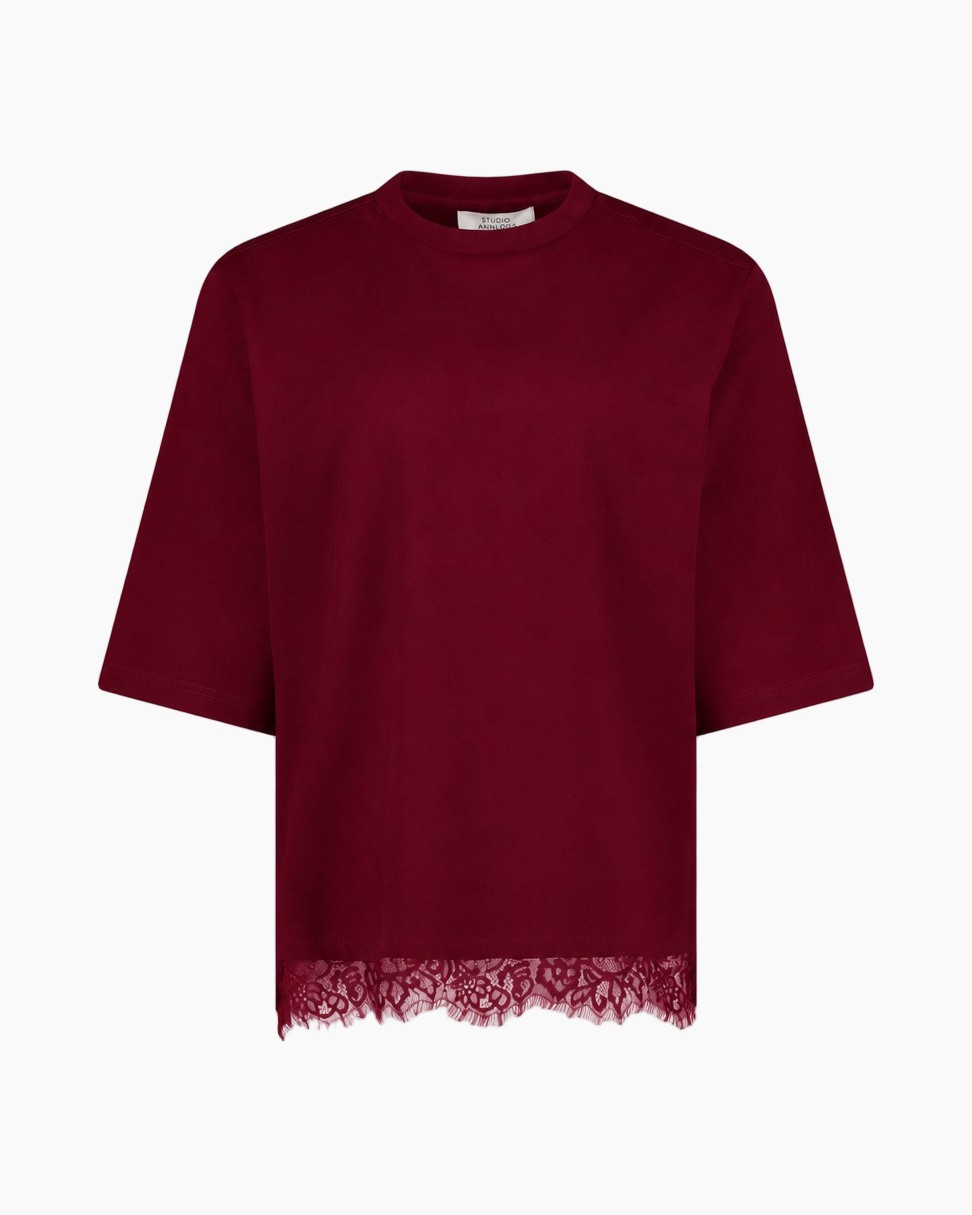 T-shirt, Korte mouwen, Bordeauxrood, Ronde hals, Kanten zoom