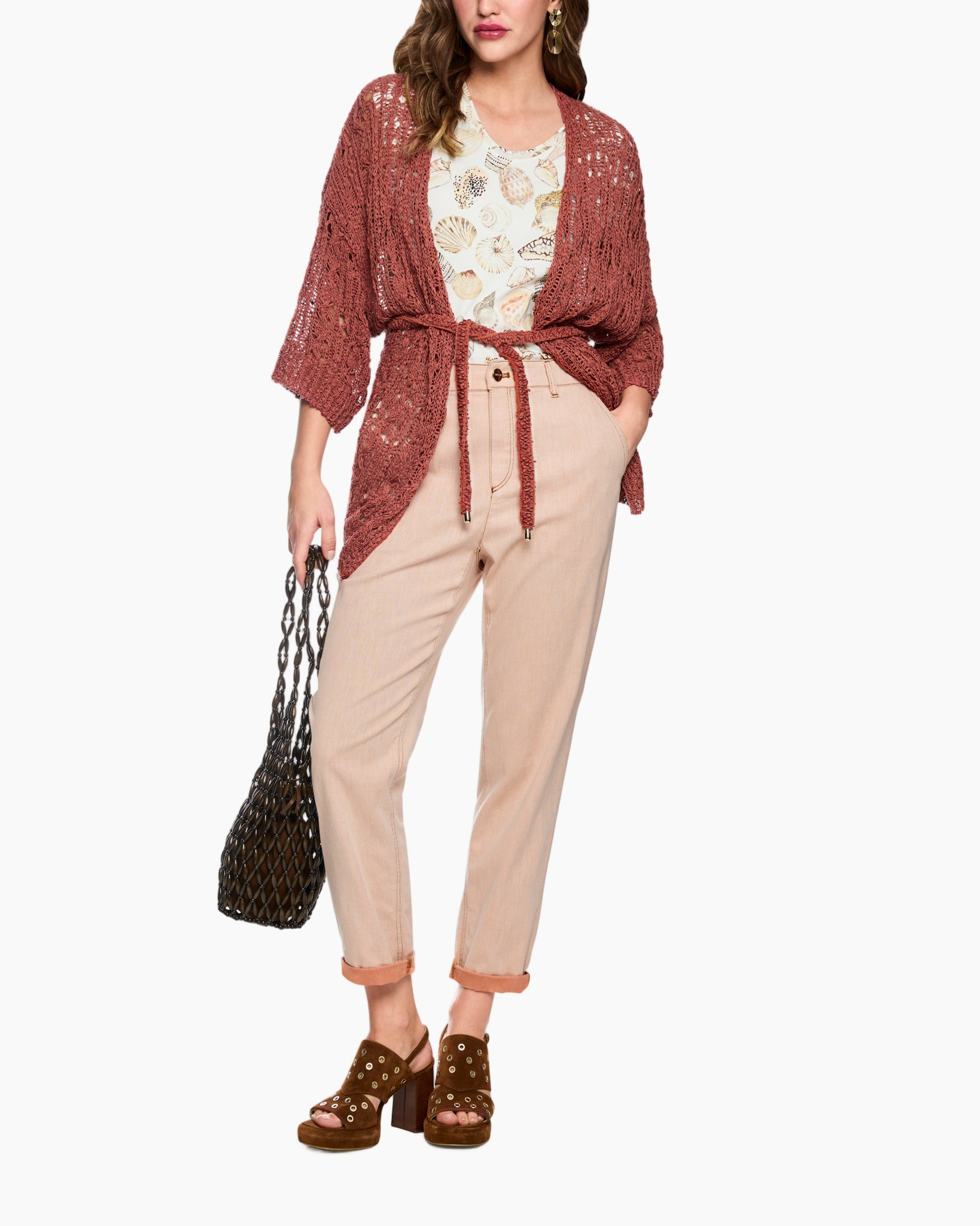 cardigan, krochet, giletsbrei, roze kleur, gilet met ceintuur, wijdere mouwen, knoopstructuur, bovenlaag