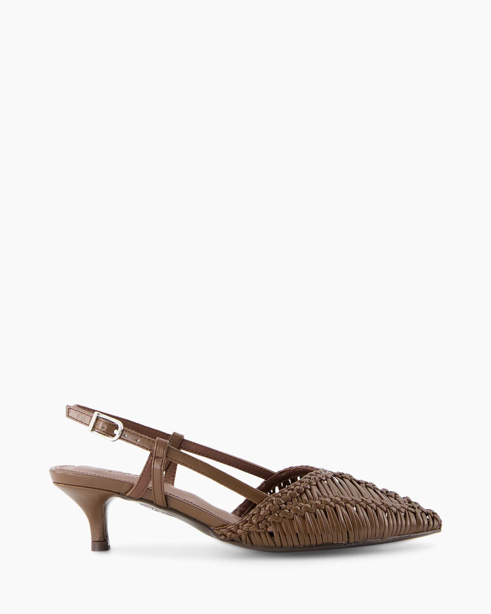 women's sandal, open toe, woven upper, brown, low heel