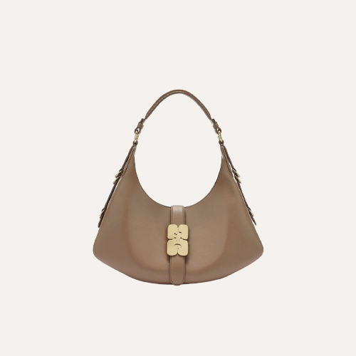 handtas, schoudertas, bruin, leer, gouden accent