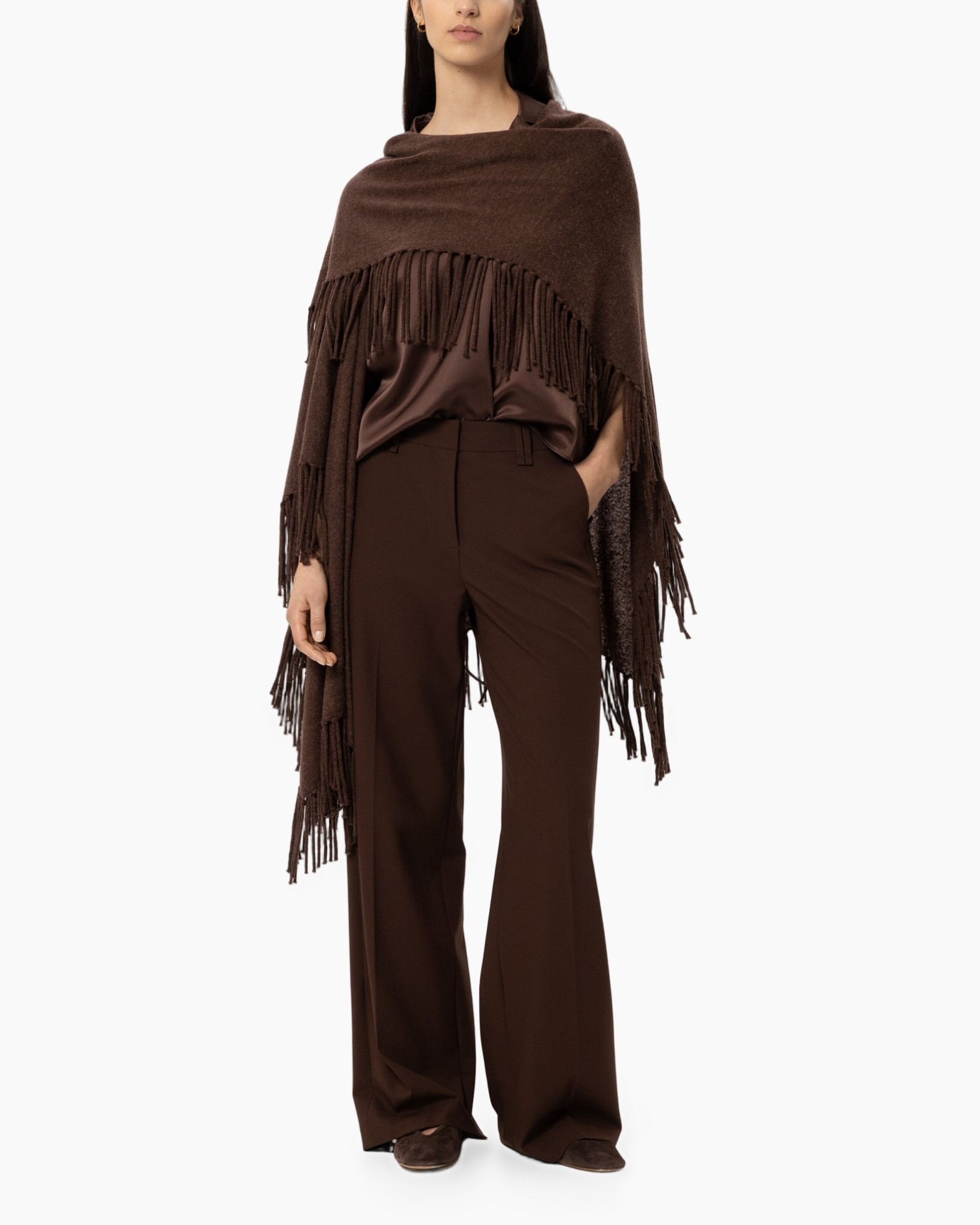 sjaal, fringed, poncho, bruin, patroon niet duidelijk