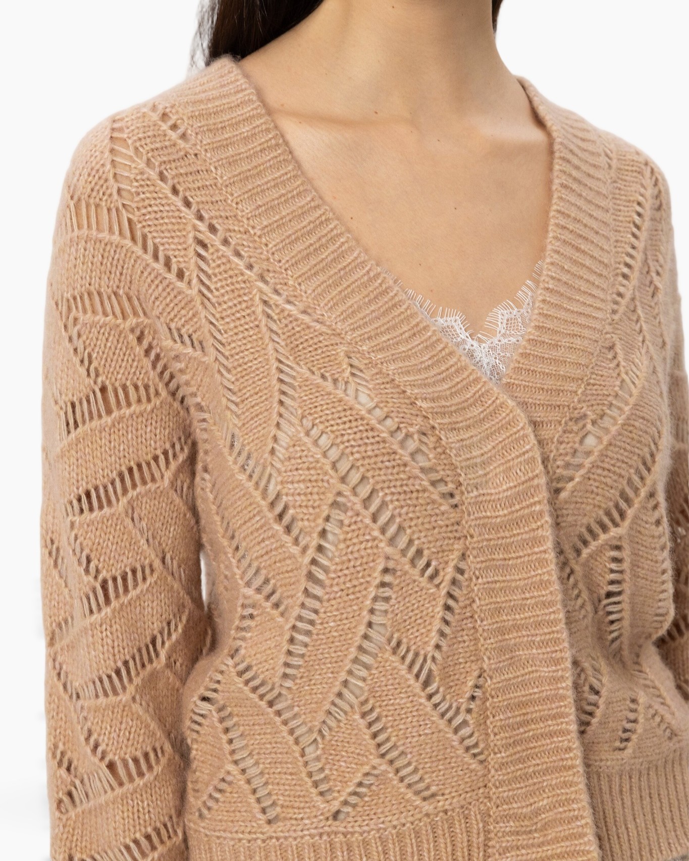 cardigan, gebreide trui, beige, opengewerkt, v-hals