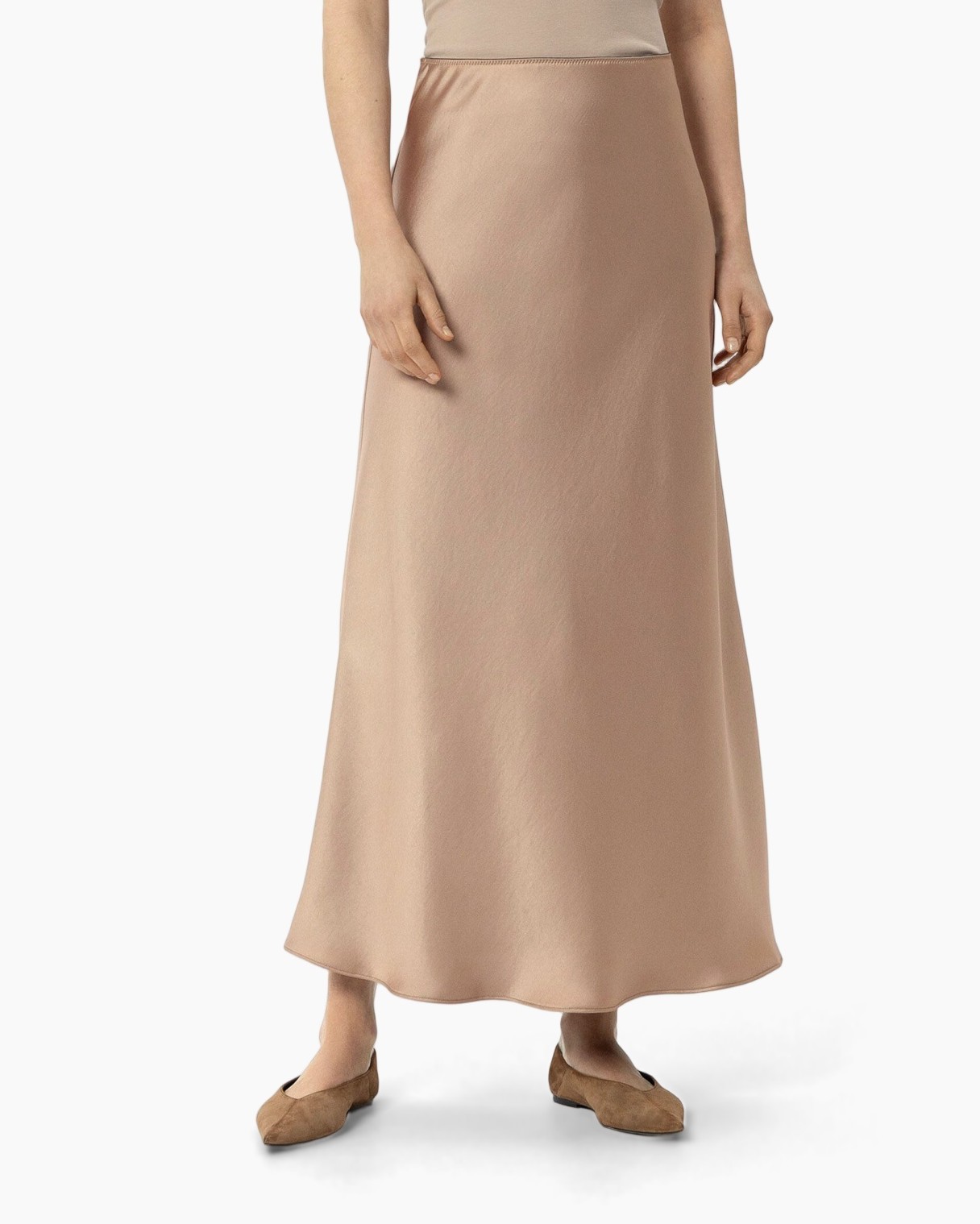 maxi rok, beige, effen, enkellengte, slip-on slofjes