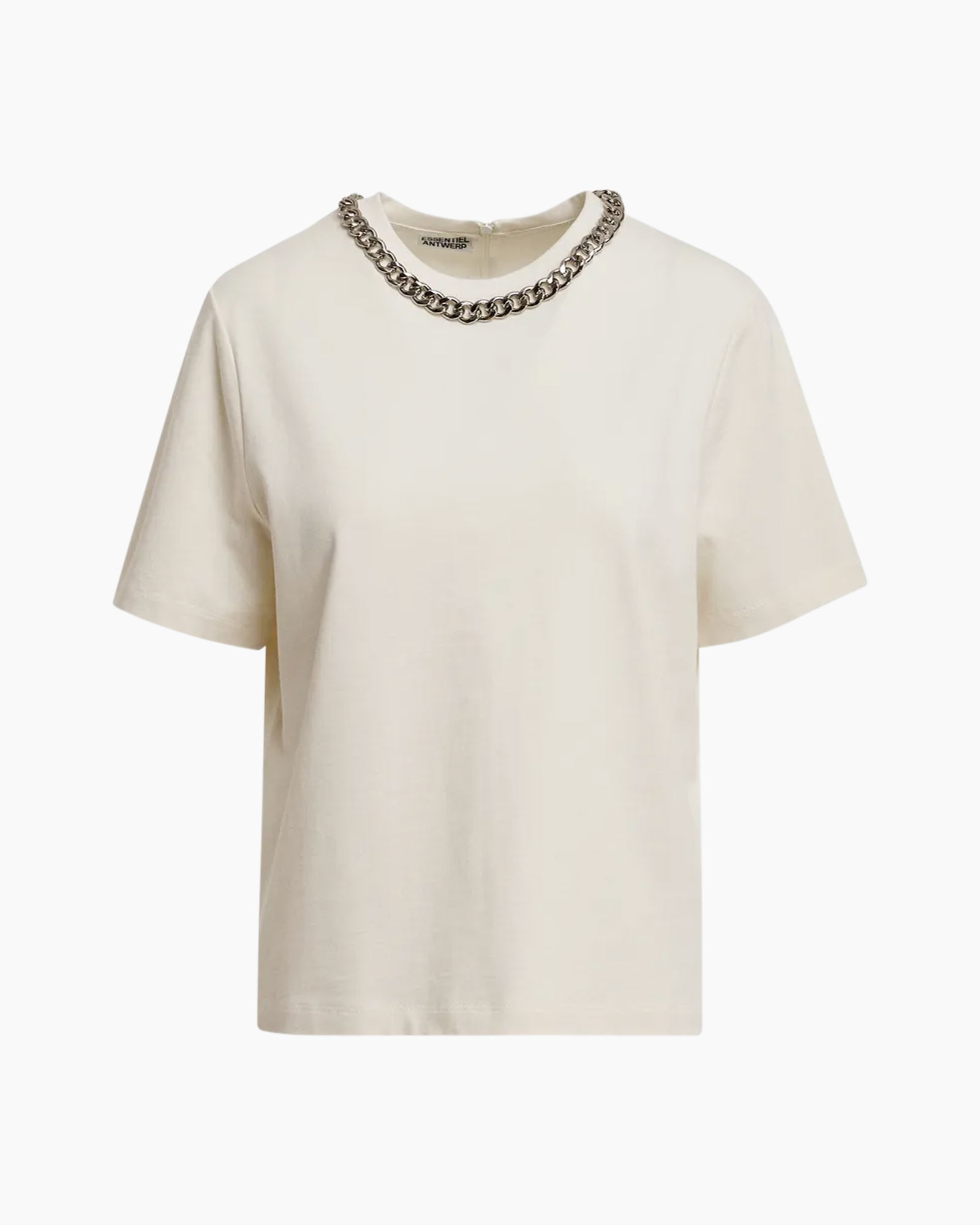t-shirt, beige, korte mouwen, rond hals, ketting accessoire