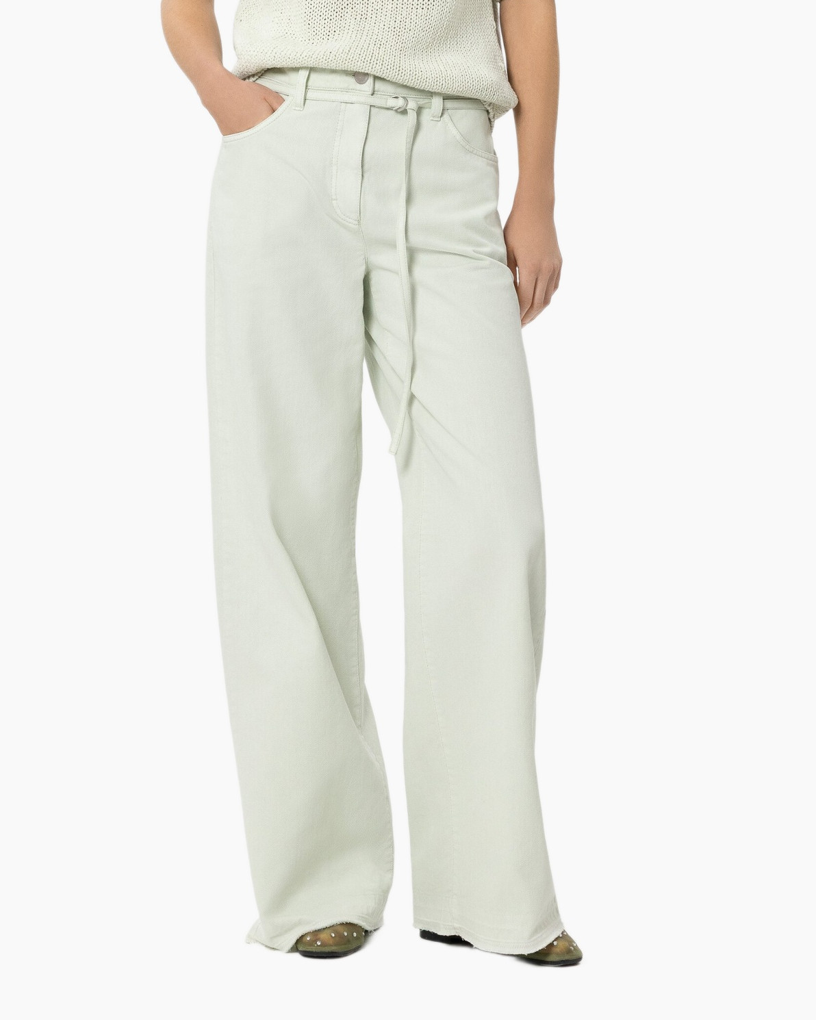pants, wide-leg, linen-look, light green, high-waisted