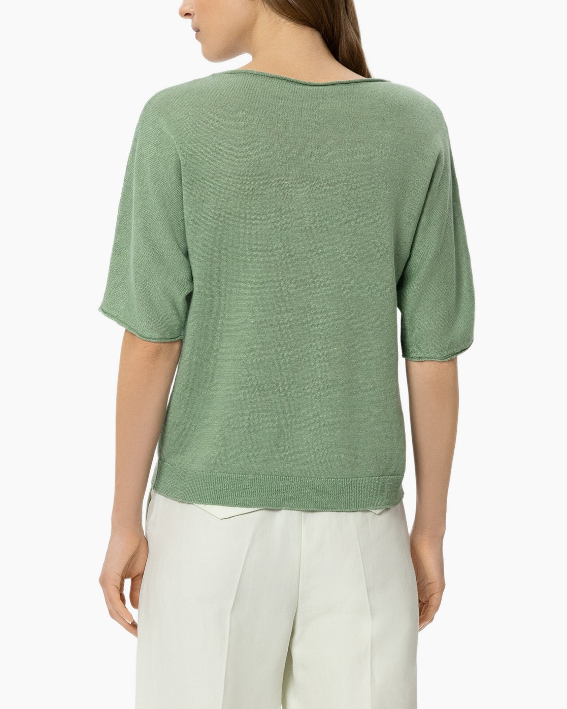 groene top, V-hals, korte mouwen, gebreide stof, casual blouse