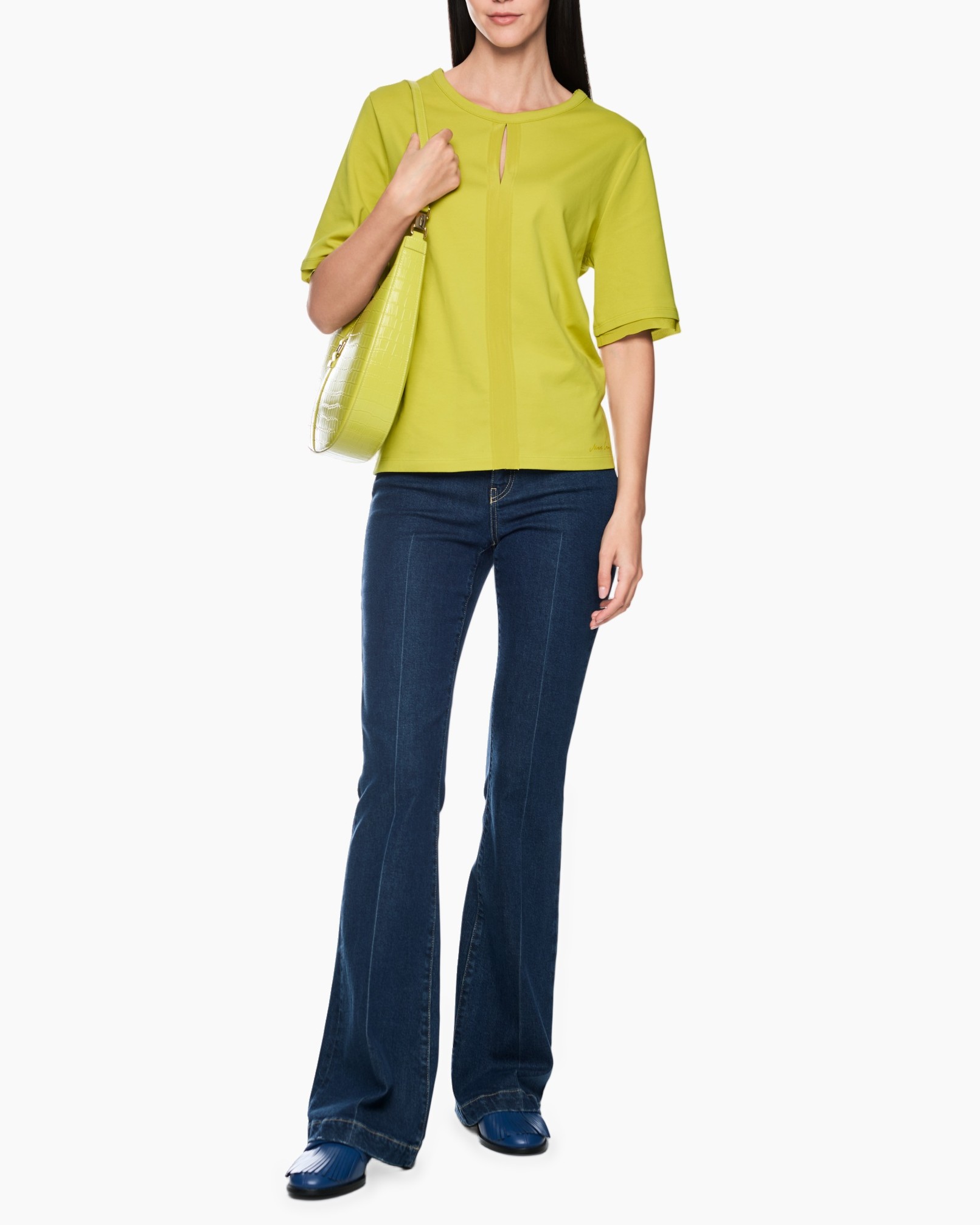 top, shirt, lime-groen, korte mouwen, spijkerbroek