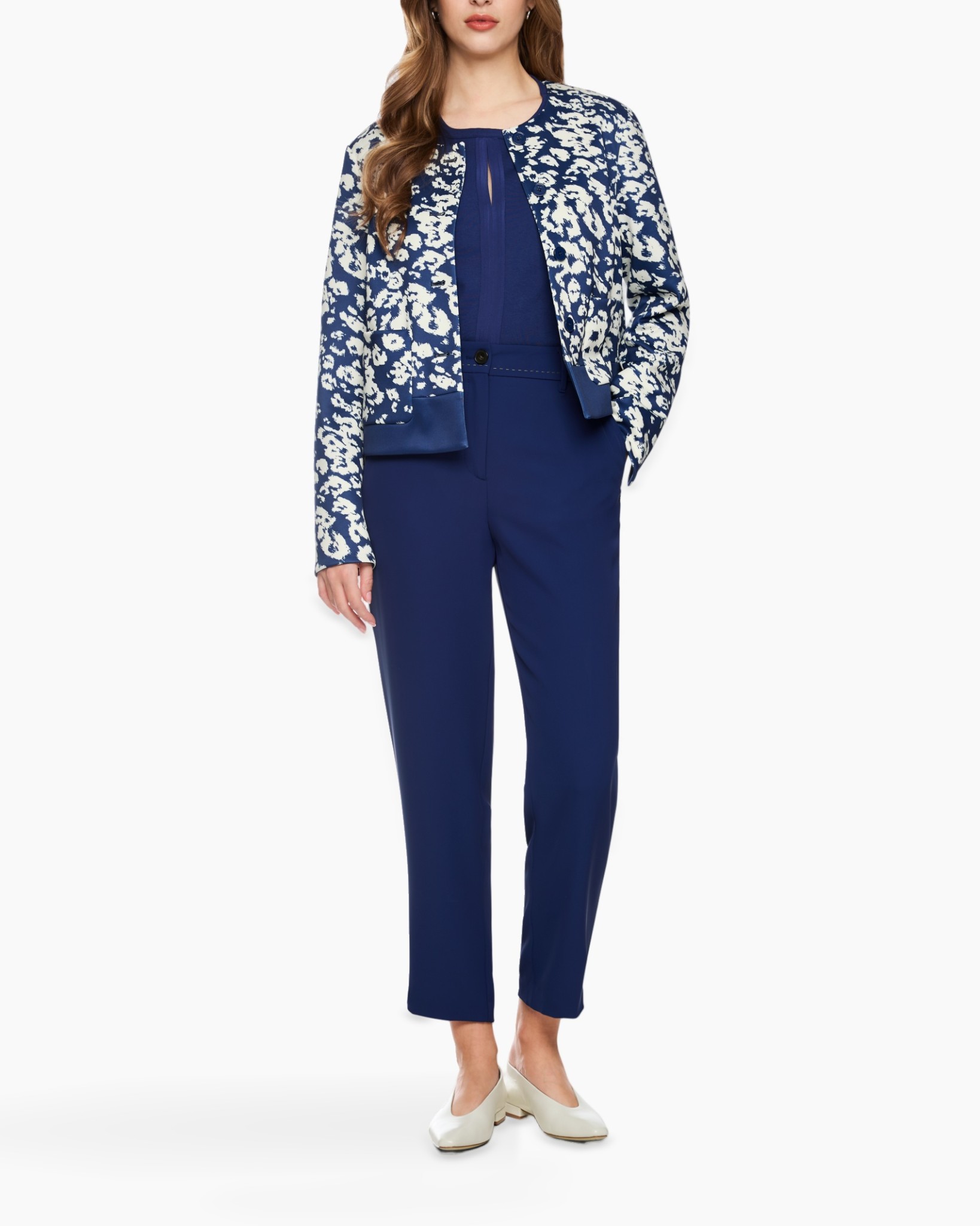 nachtblau pak, blazer, patronen jasje, broek, loafers