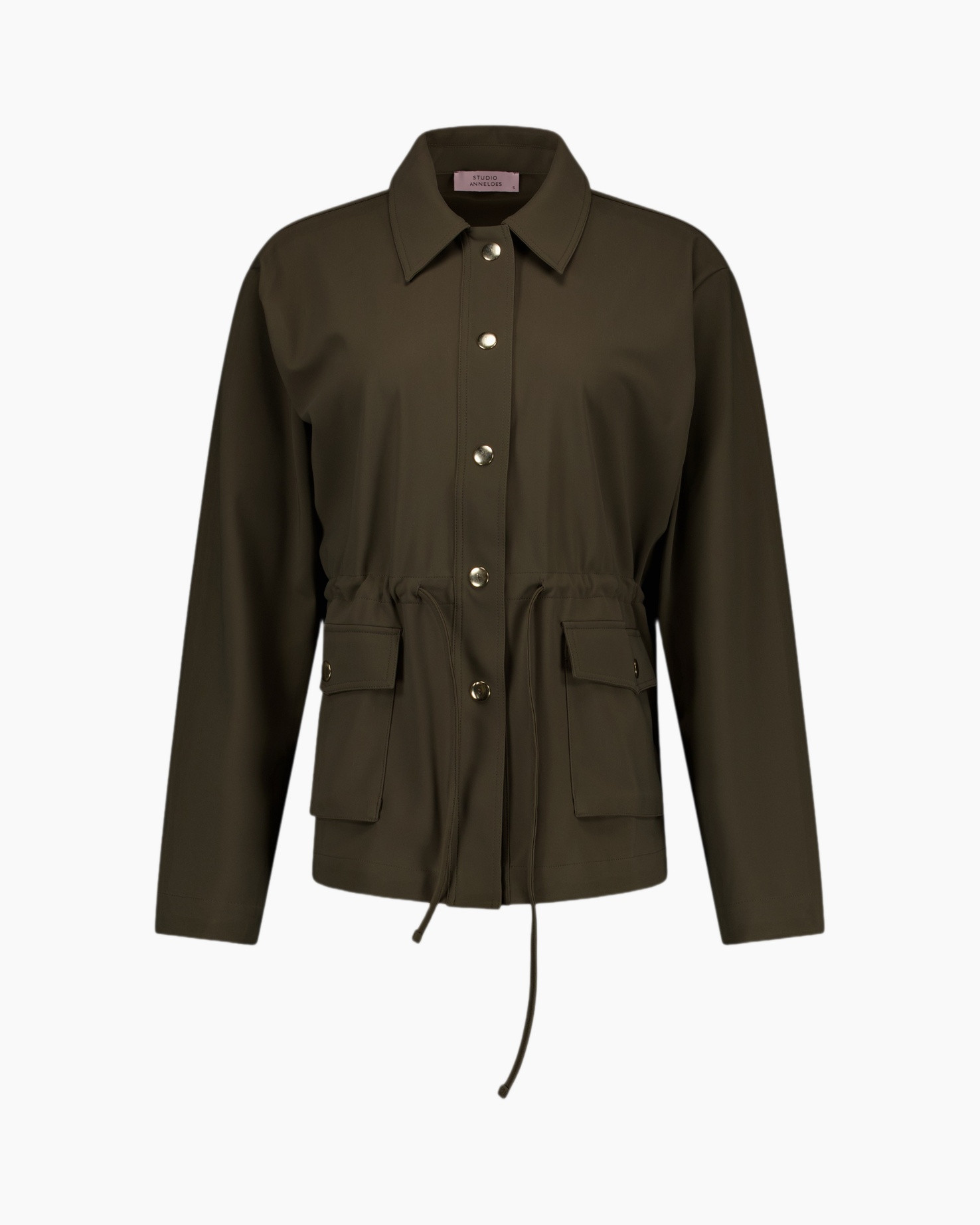 jas, anorak, olijfgroen, trekkoord, drukkers