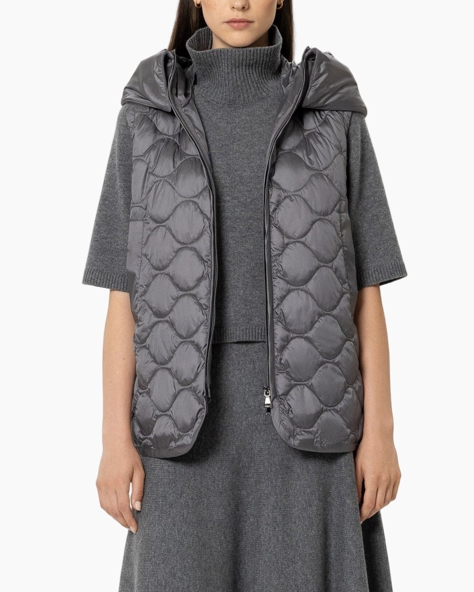 dunne puffer vest, quilting, grijs, capuchon, middelzwaar
