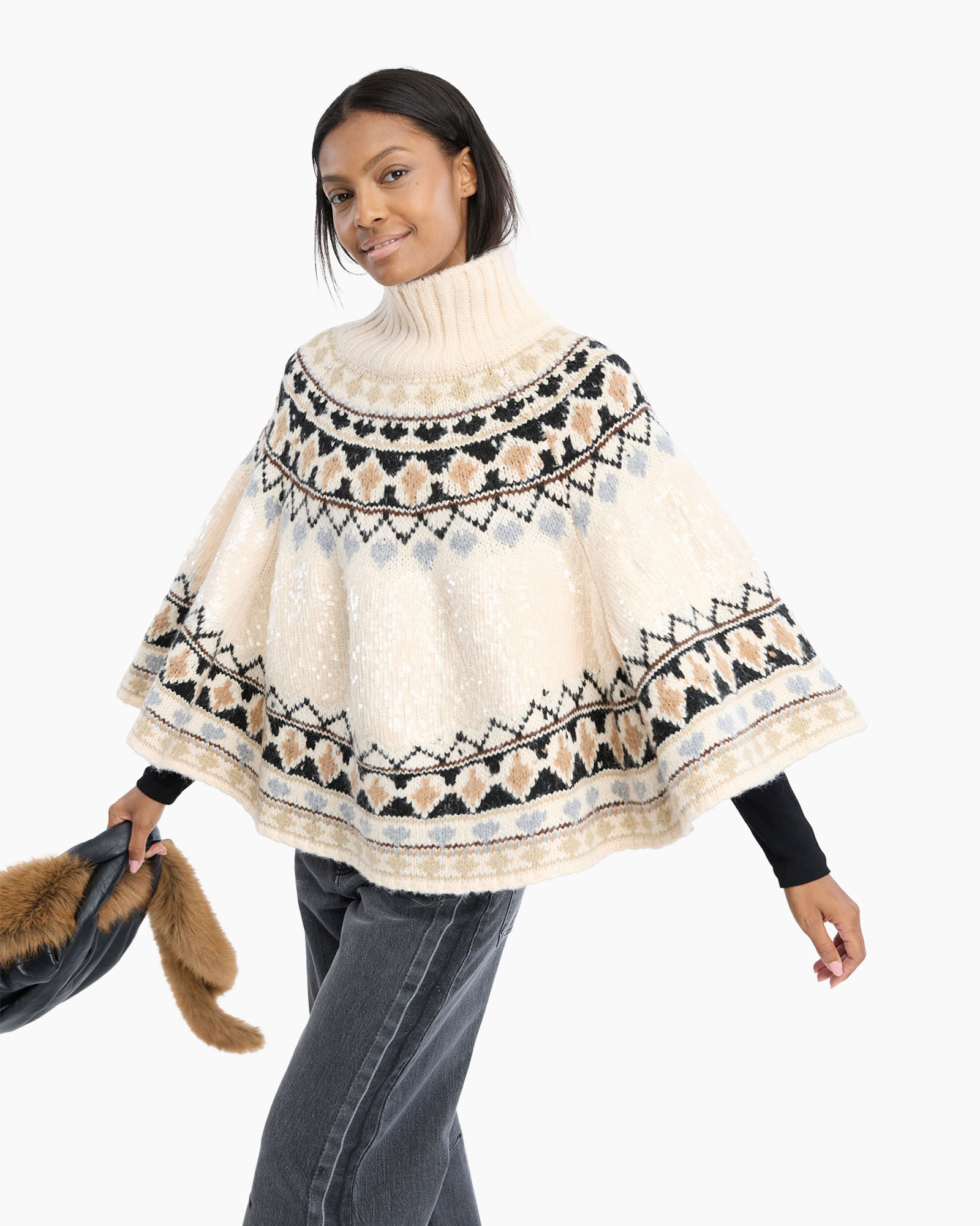 poncho, coltrui, breipunt, patroon, beige