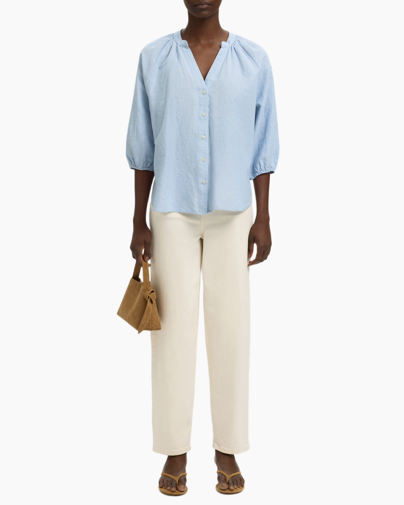 Linnen, Broeken, Blouse, Man, Persoon, knopen-blouse, lichtblauw, linnen, wijdte-pijpen, pofmouw, top, blouse, linnen, lichtblauw, driekwartmouw