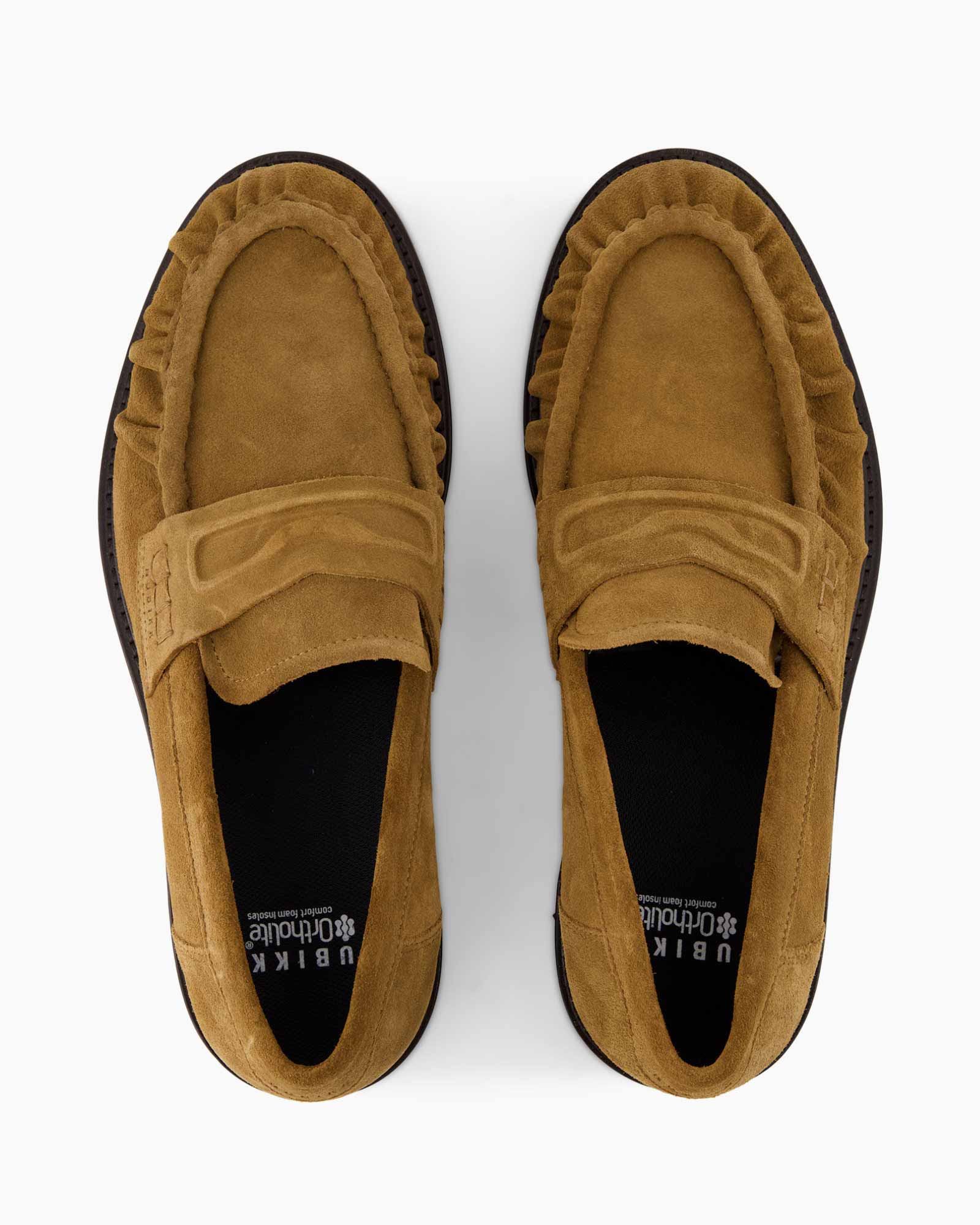 moccassen, sloffen, suede, bruin, insteek