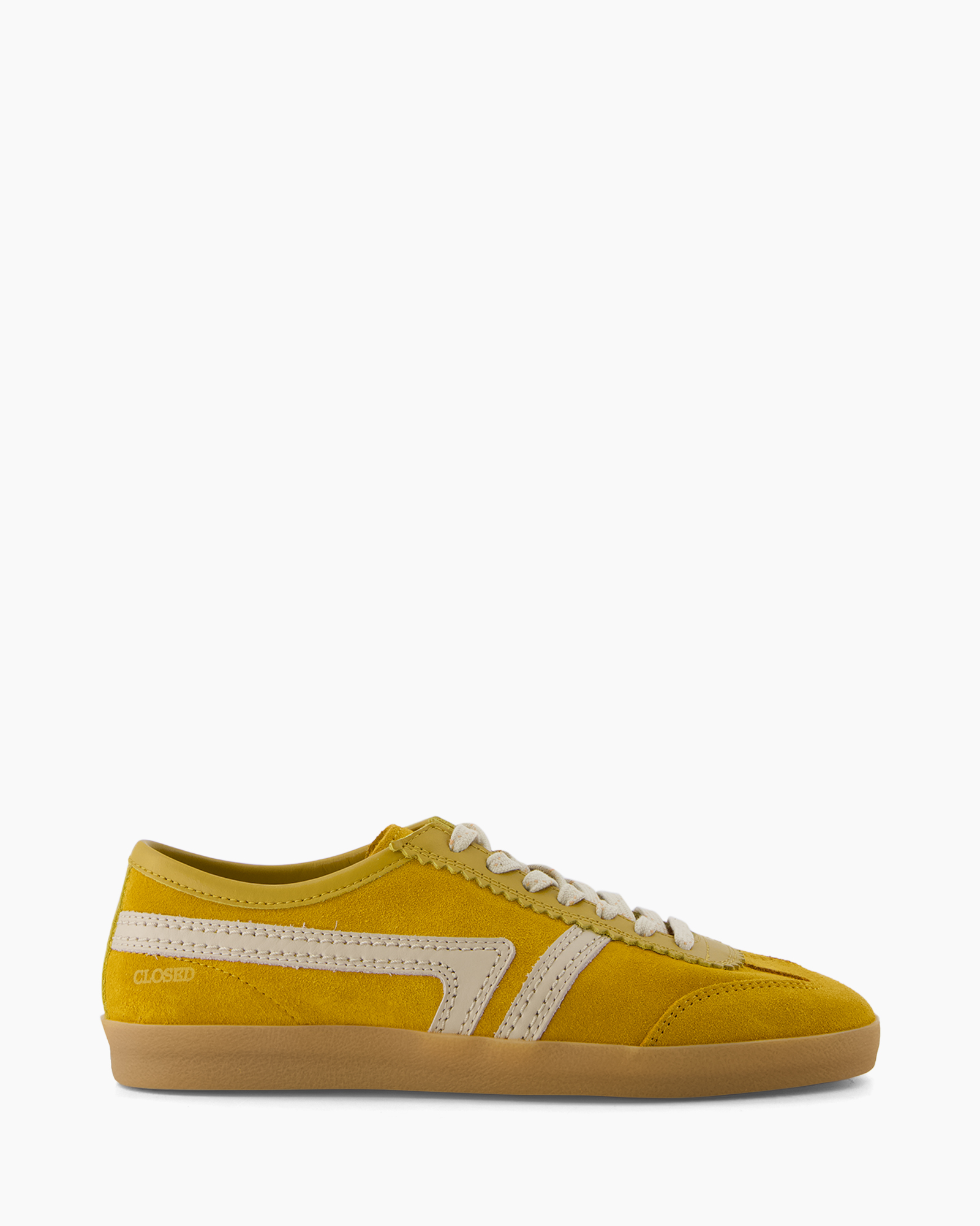 yellow sneaker, suede, low-cut, gum sole, lace-up